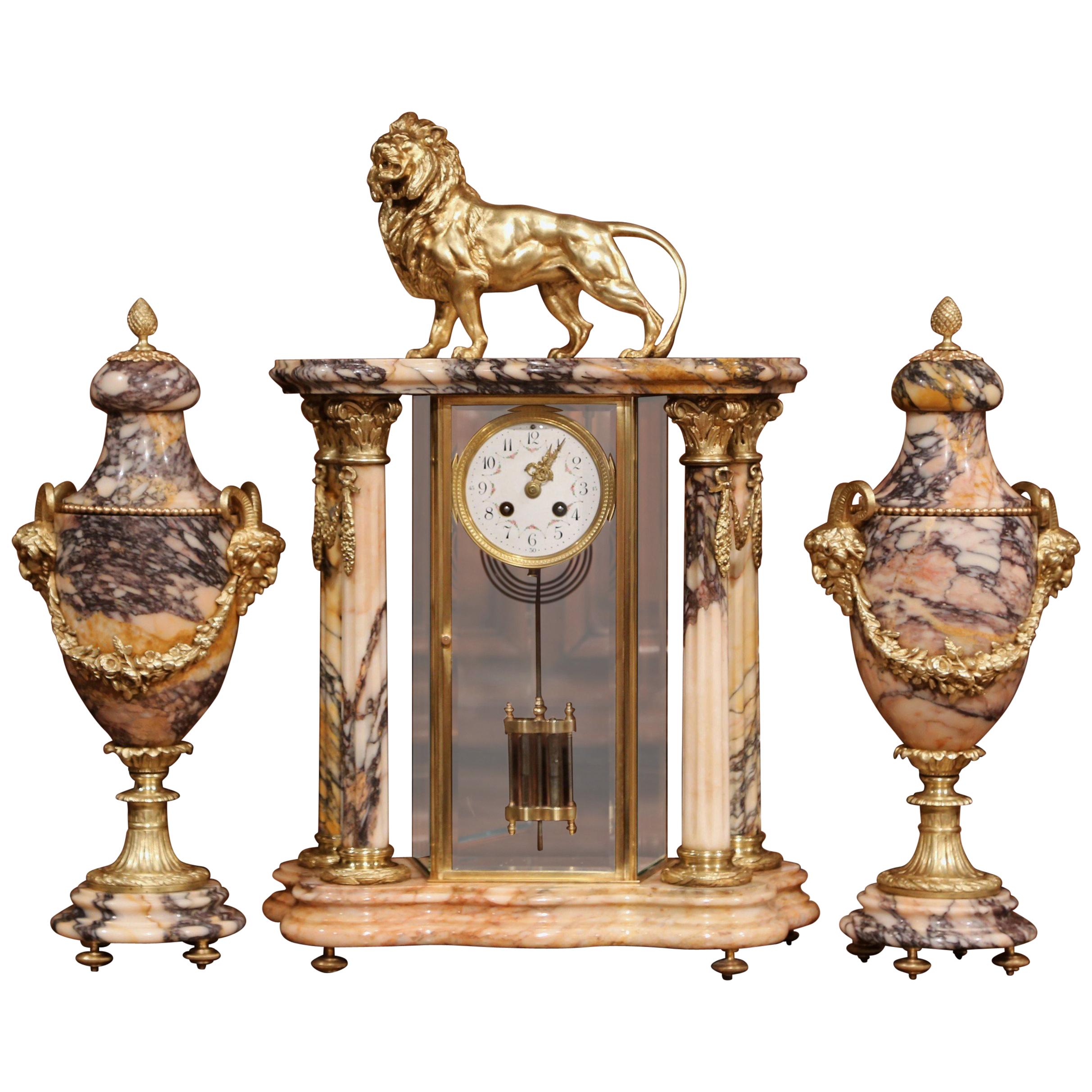 Important 19th Century French Marble and Bronze Mantel Clock with Cassolettes