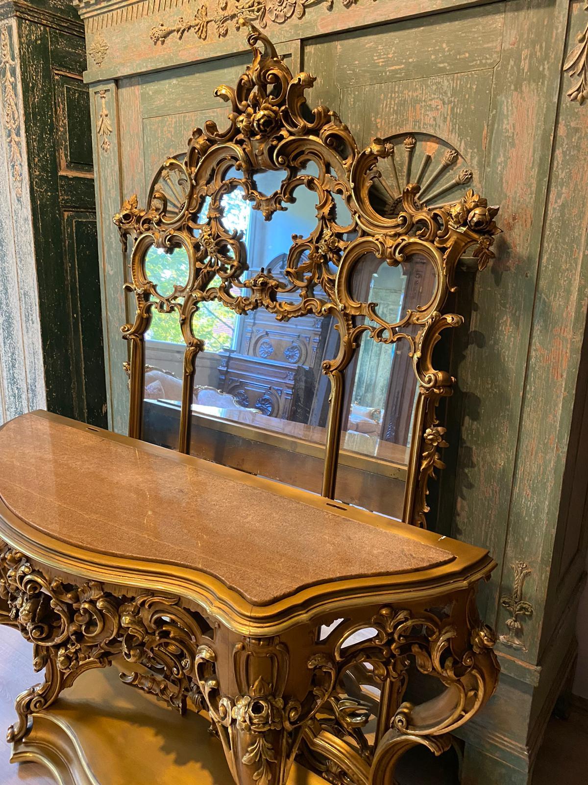 Important 19th Century French Mirror Console with Italian Marble For Sale 11