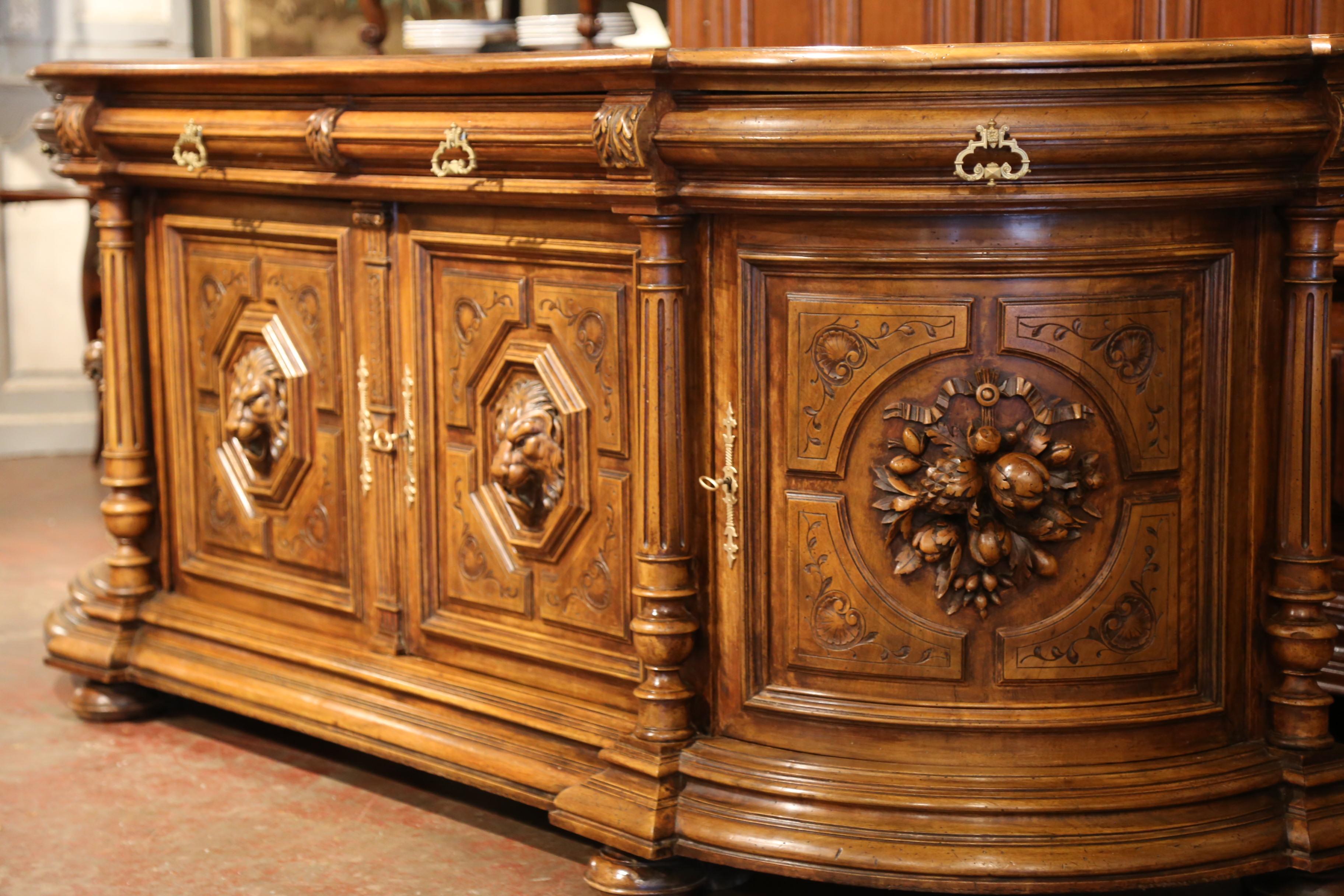 Napoleon III Important 19th Century French Walnut Four-Door Buffet with Carved Medallions
