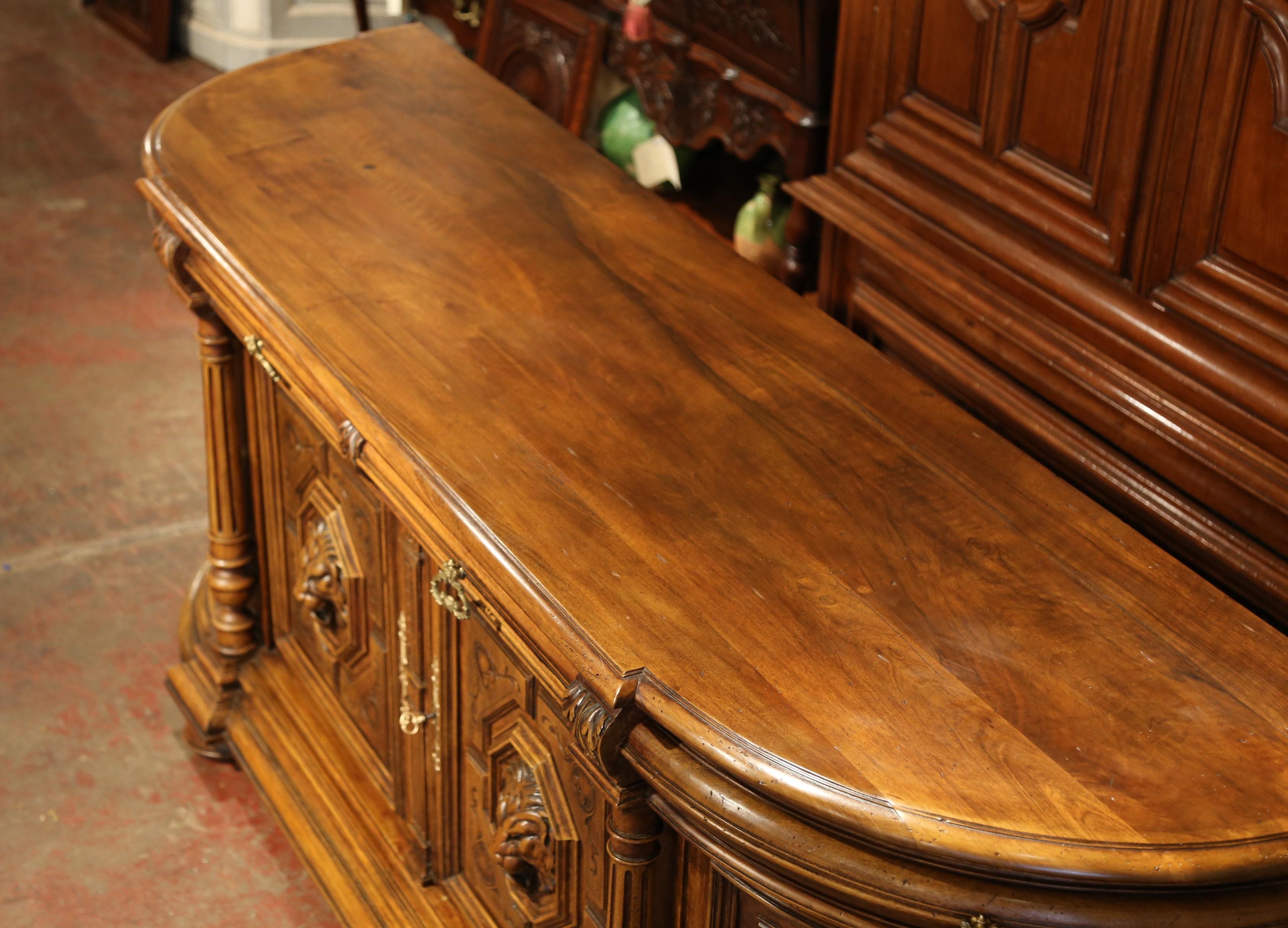 Hand-Carved Important 19th Century French Walnut Four-Door Buffet with Carved Medallions