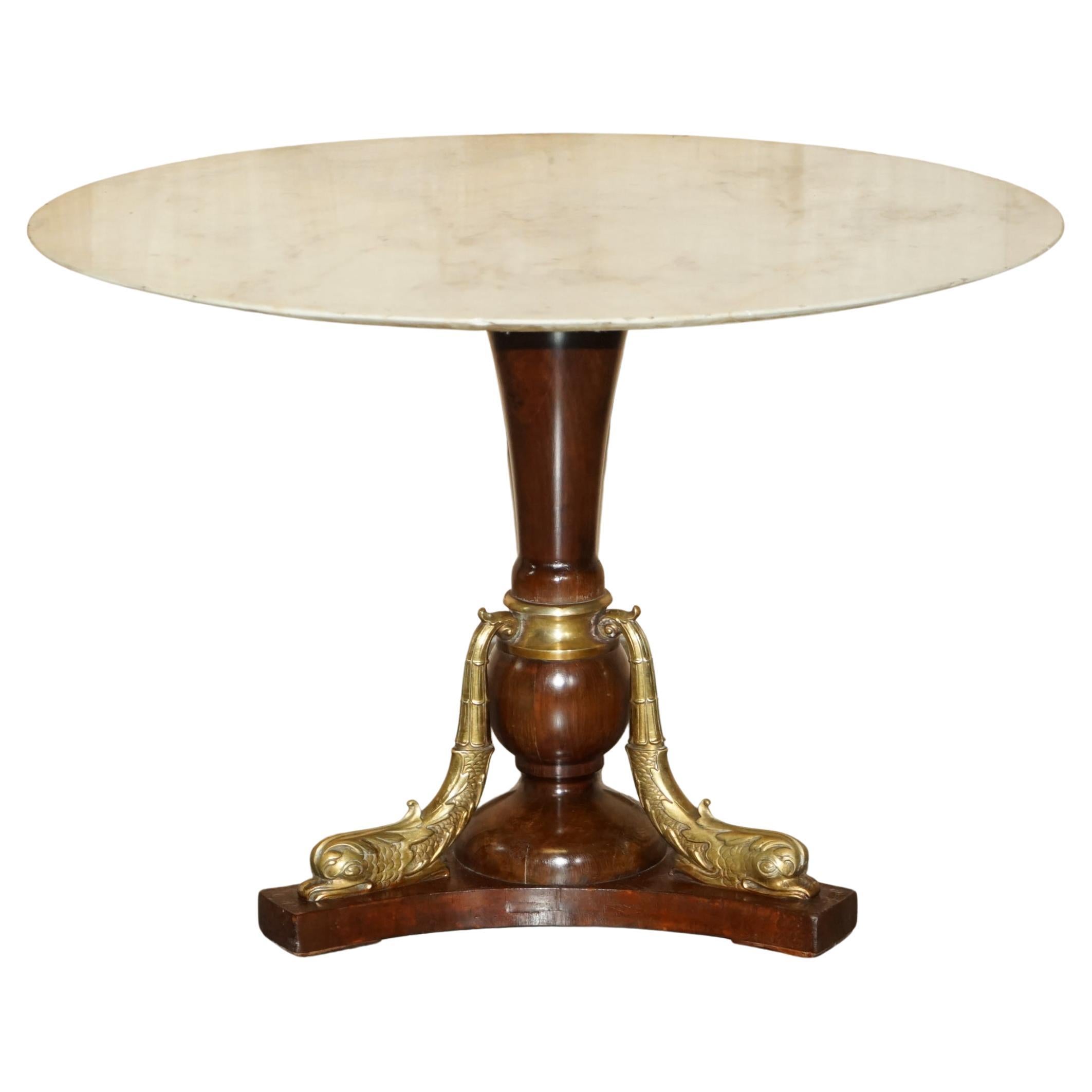 Important 19th Century Gilt Brass Dolphin Italian Carrara Marble Centre Table For Sale