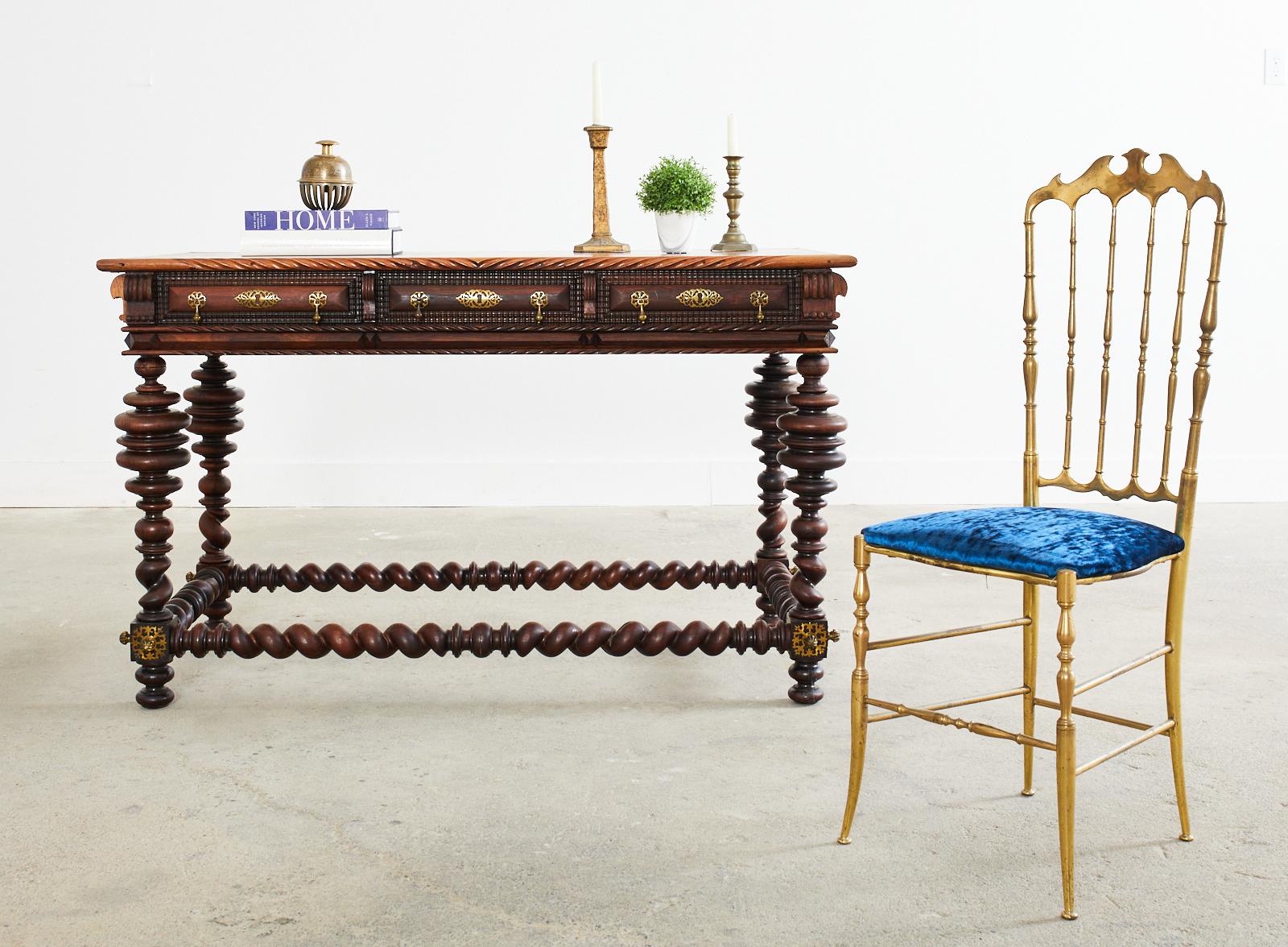 Important and historic 19th century baroque style Portuguese library table or writing table crafted from mahogany and walnut. Impressive table from the estate of David Karpeles and The Karpeles manuscript museum, Santa Barbara, CA. The table