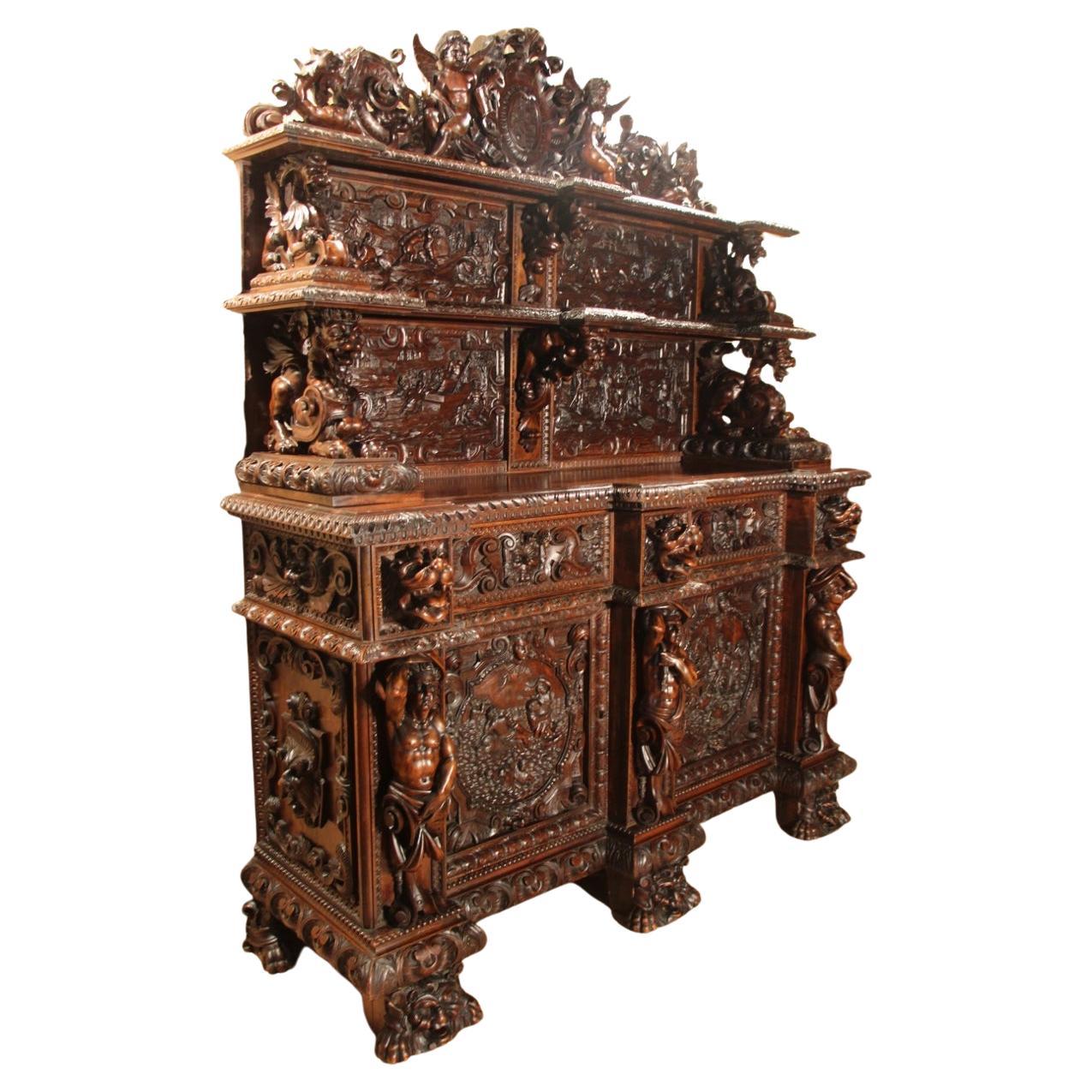 Important 19th Century Renaissance-style Walnut Castle Sideboard