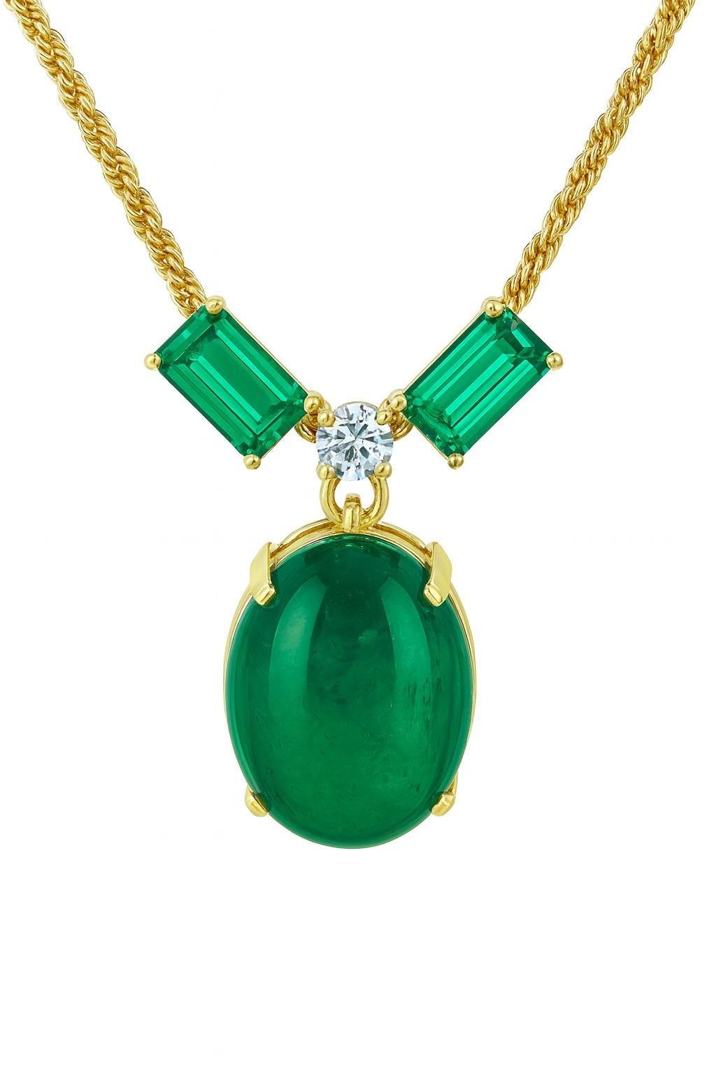 Modern Important 20 Carat Cabochon Emerald and Diamond Pendant Necklace in 18K Gold For Sale