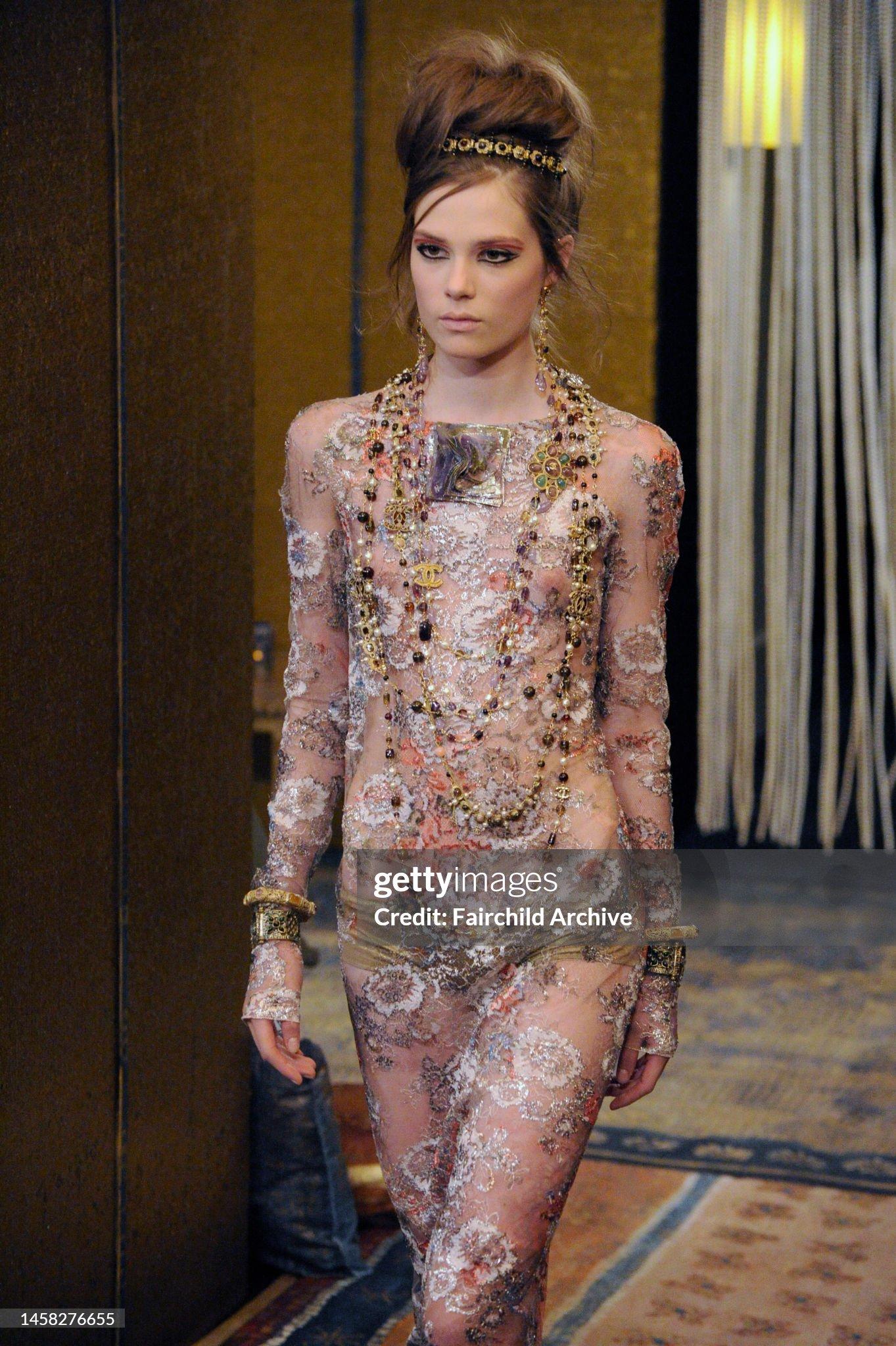 Important 2011 Chanel Runway Vogue Rihanna Editorial Sheer Metallic Lace Gown For Sale 9