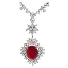 Important 25.24 Carat Cabochon Ruby Pendant with 9.52 Carats Diamond Necklace