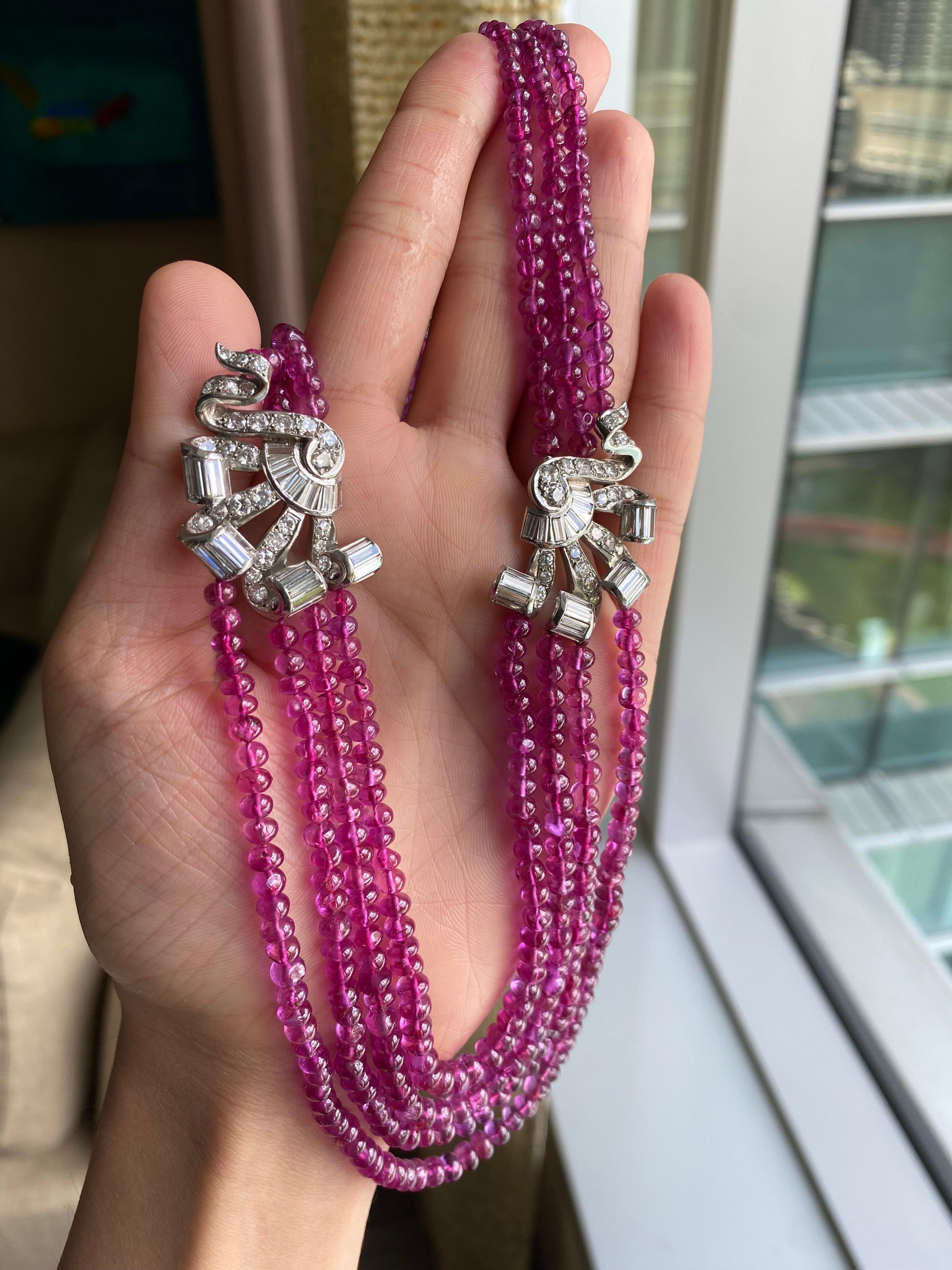 Art Deco Important 296 Carat No Heat Burma Ruby and Diamond Beaded Necklace