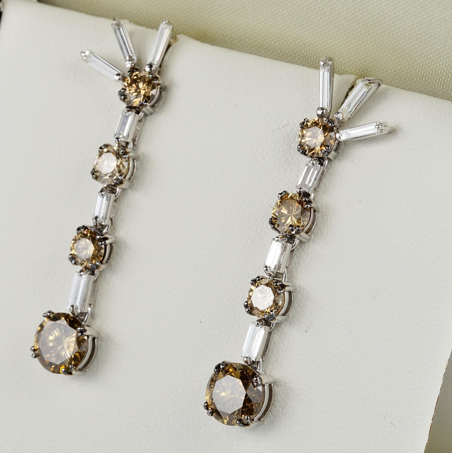 Women's Important 5.80 Carat Fancy Orange Brown Diamond Vintage Drop Earrings For Sale