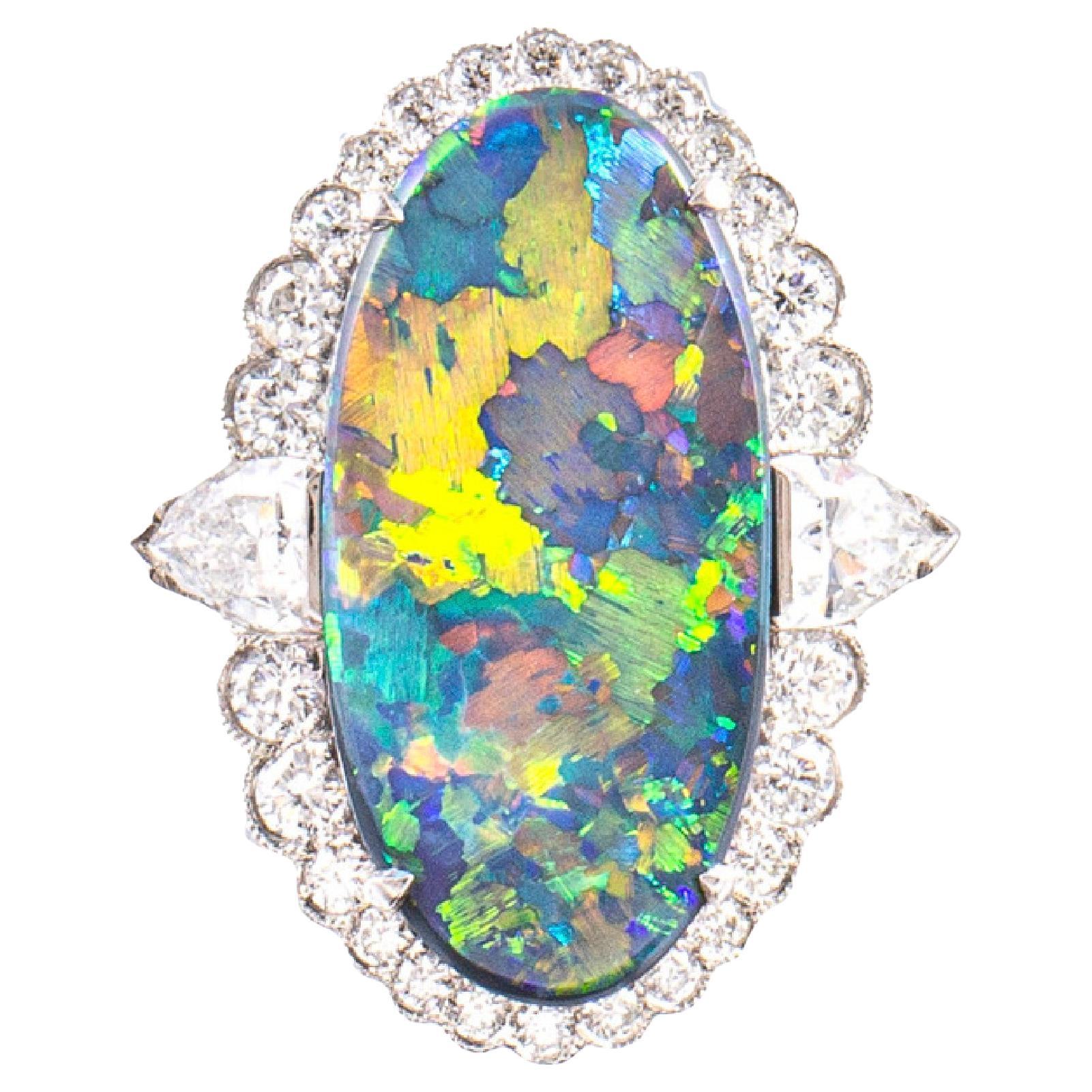 Important 7.50 Carat Lightning Ridge Opal Diamond Cluster Ring For Sale