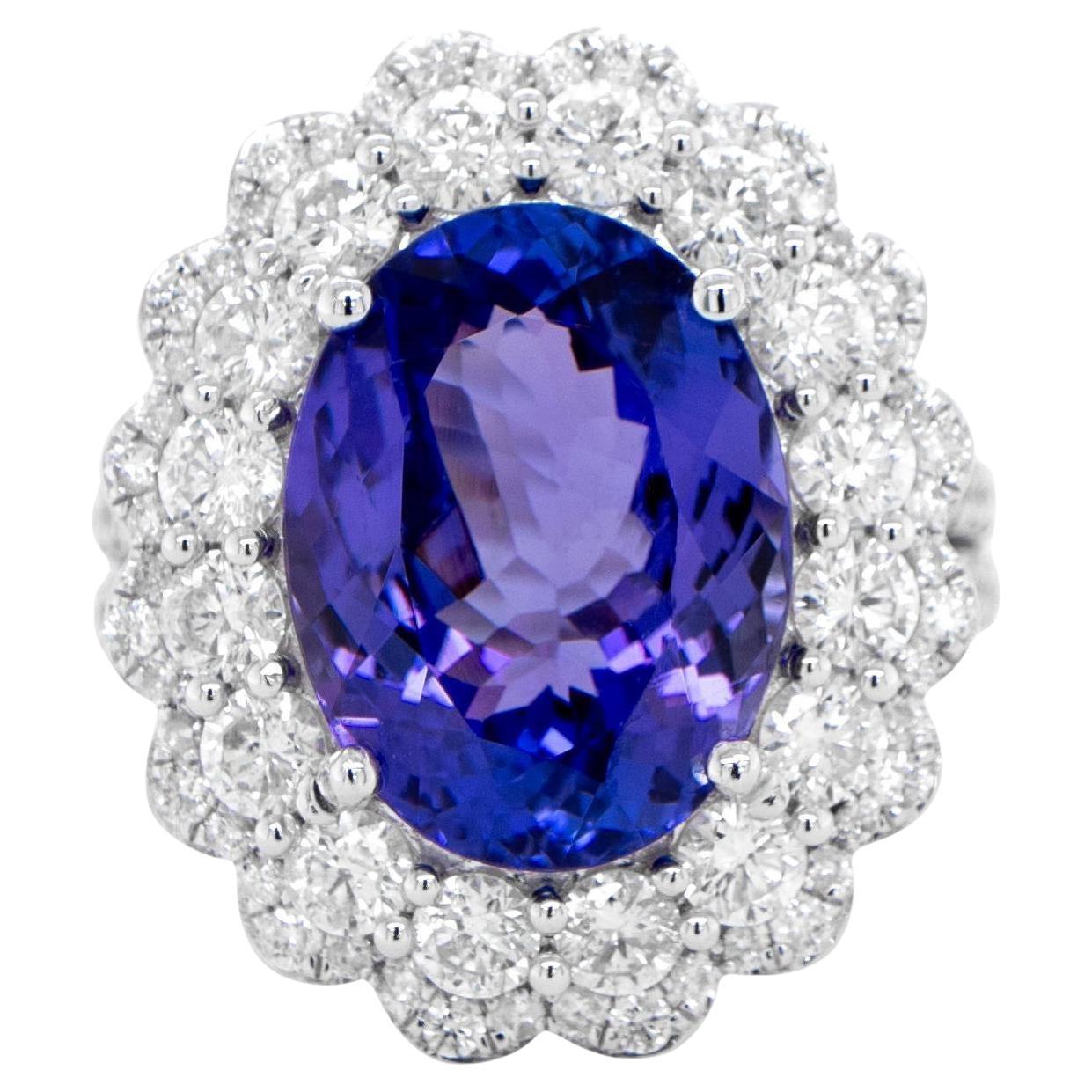 Important 8 Carat Tanzanite Ring Large Diamond Halo 2.12 Carats 18K Gold For Sale