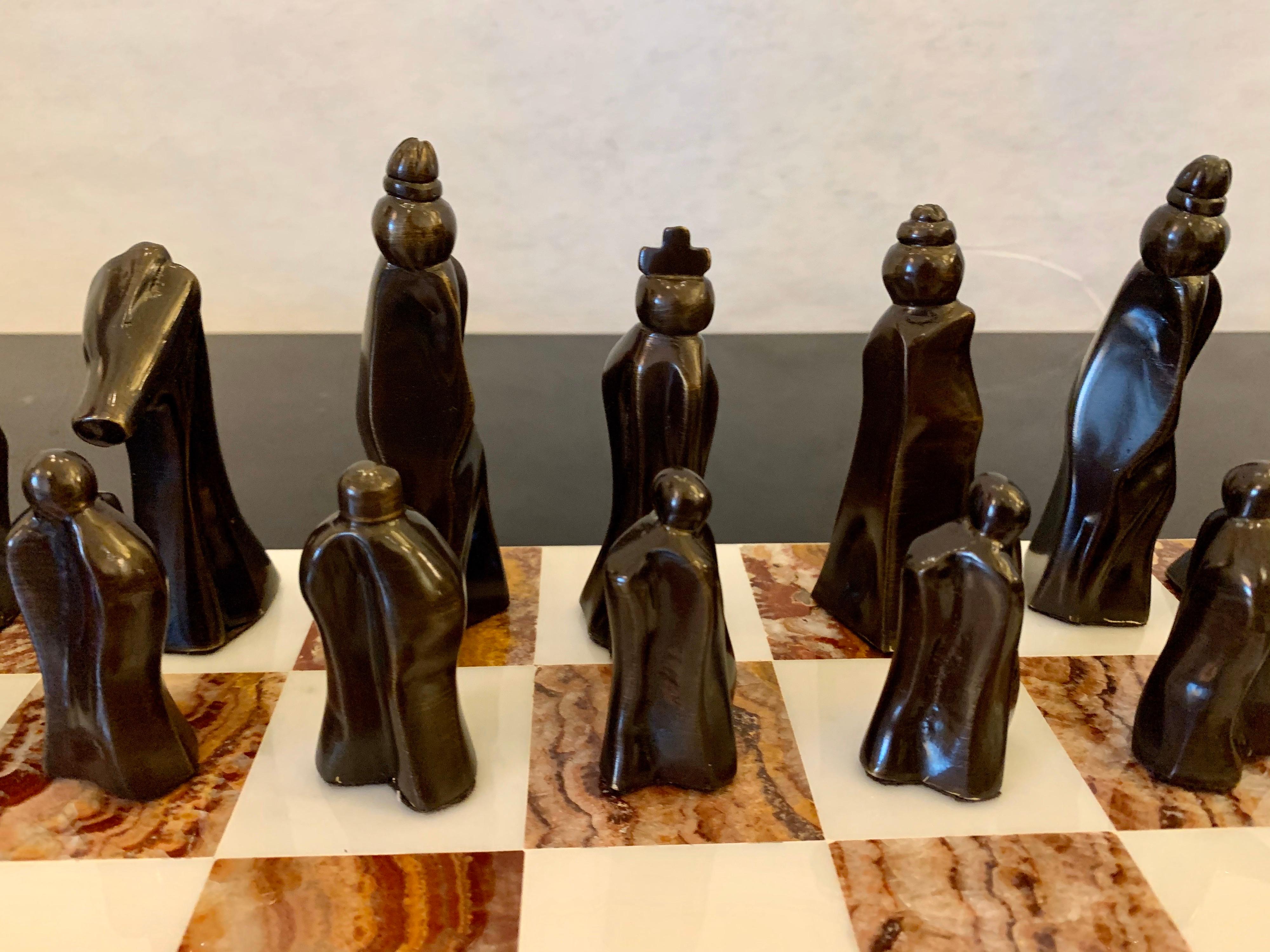 Important Abstract Bronze Chess Set on Belgian Marble and Brass Game Table For Sale 2