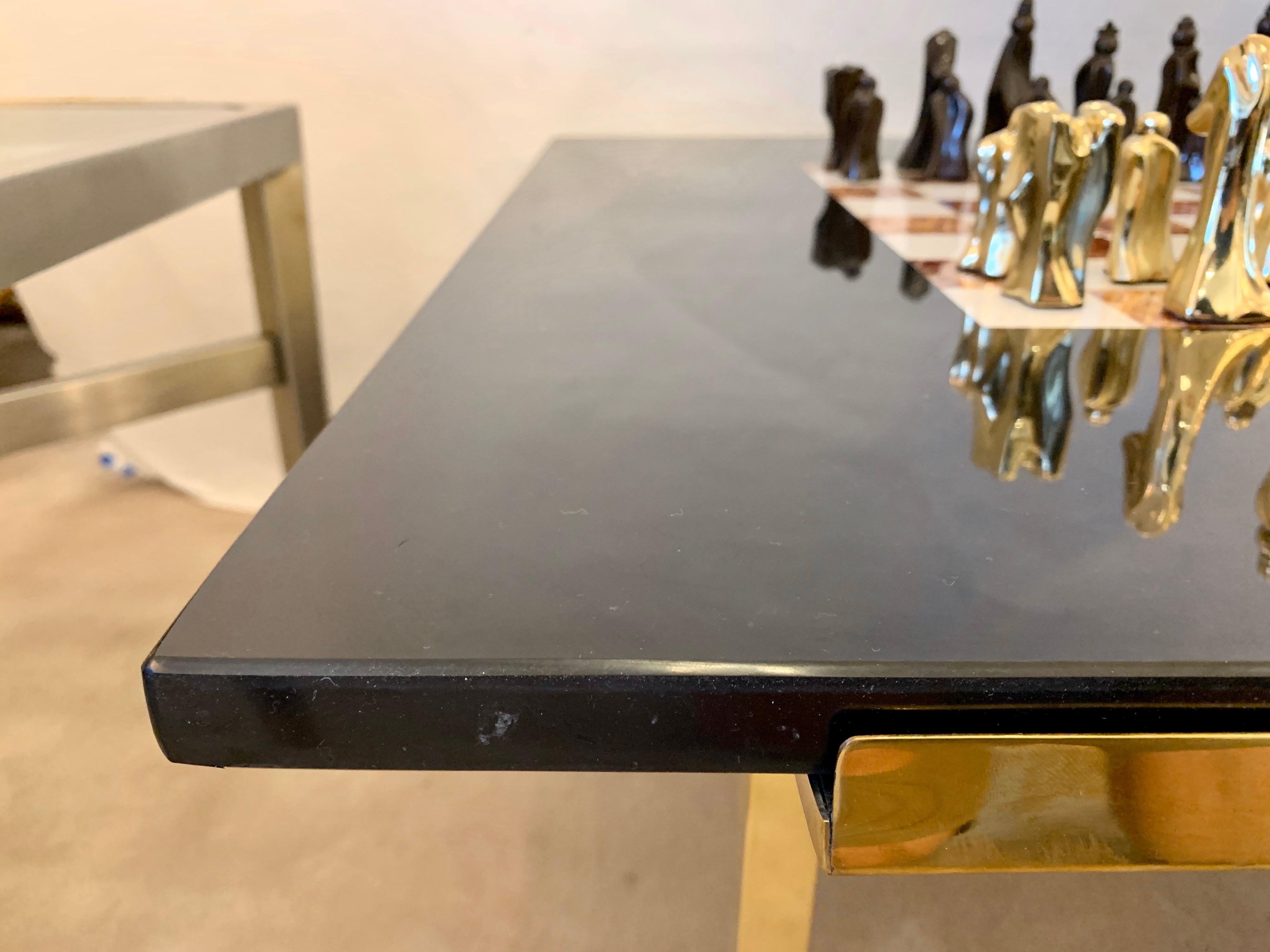 Important Abstract Bronze Chess Set on Belgian Marble and Brass Game Table For Sale 3