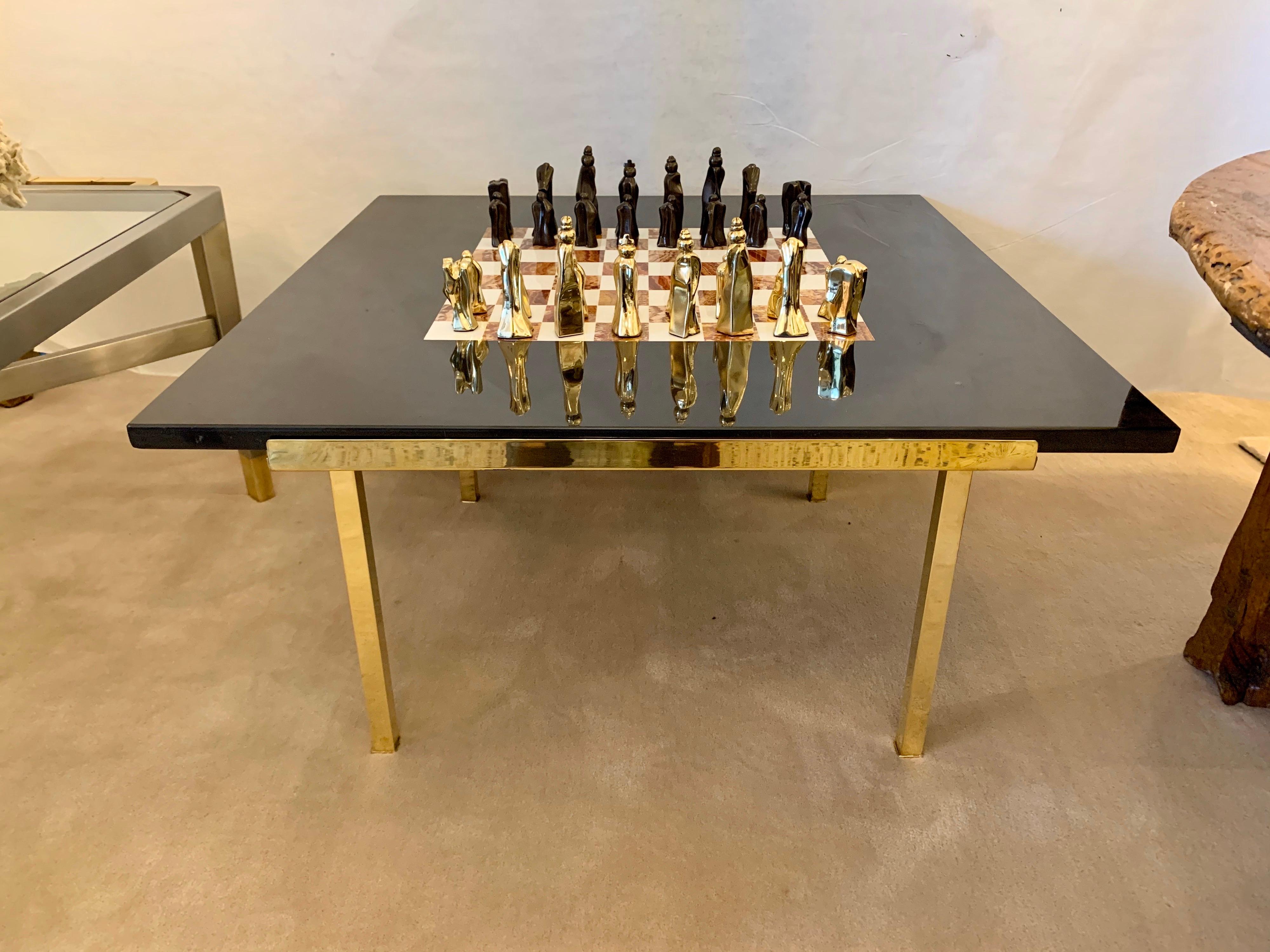Important Abstract Bronze Chess Set on Belgian Marble and Brass Game Table For Sale 5