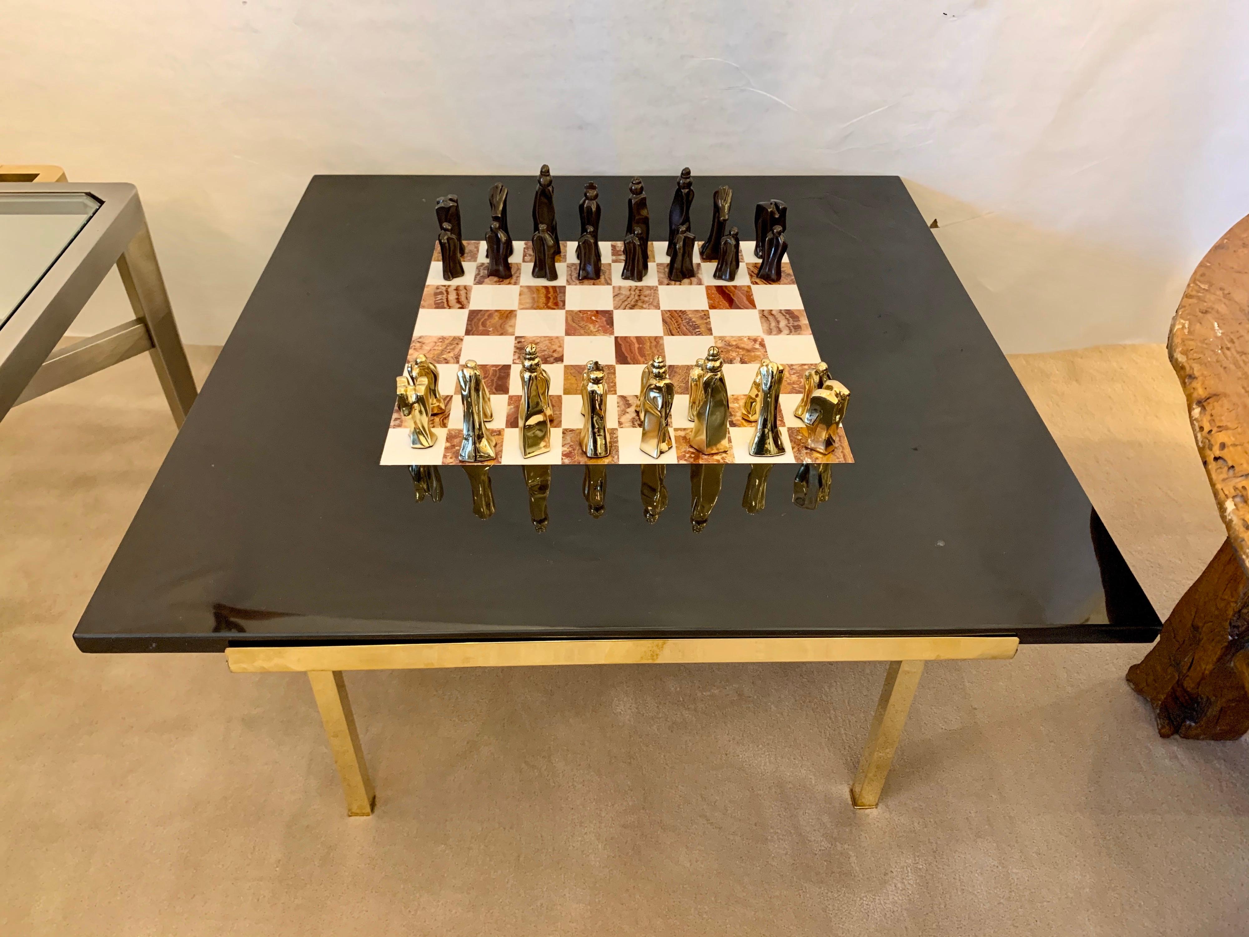 European Important Abstract Bronze Chess Set on Belgian Marble and Brass Game Table For Sale