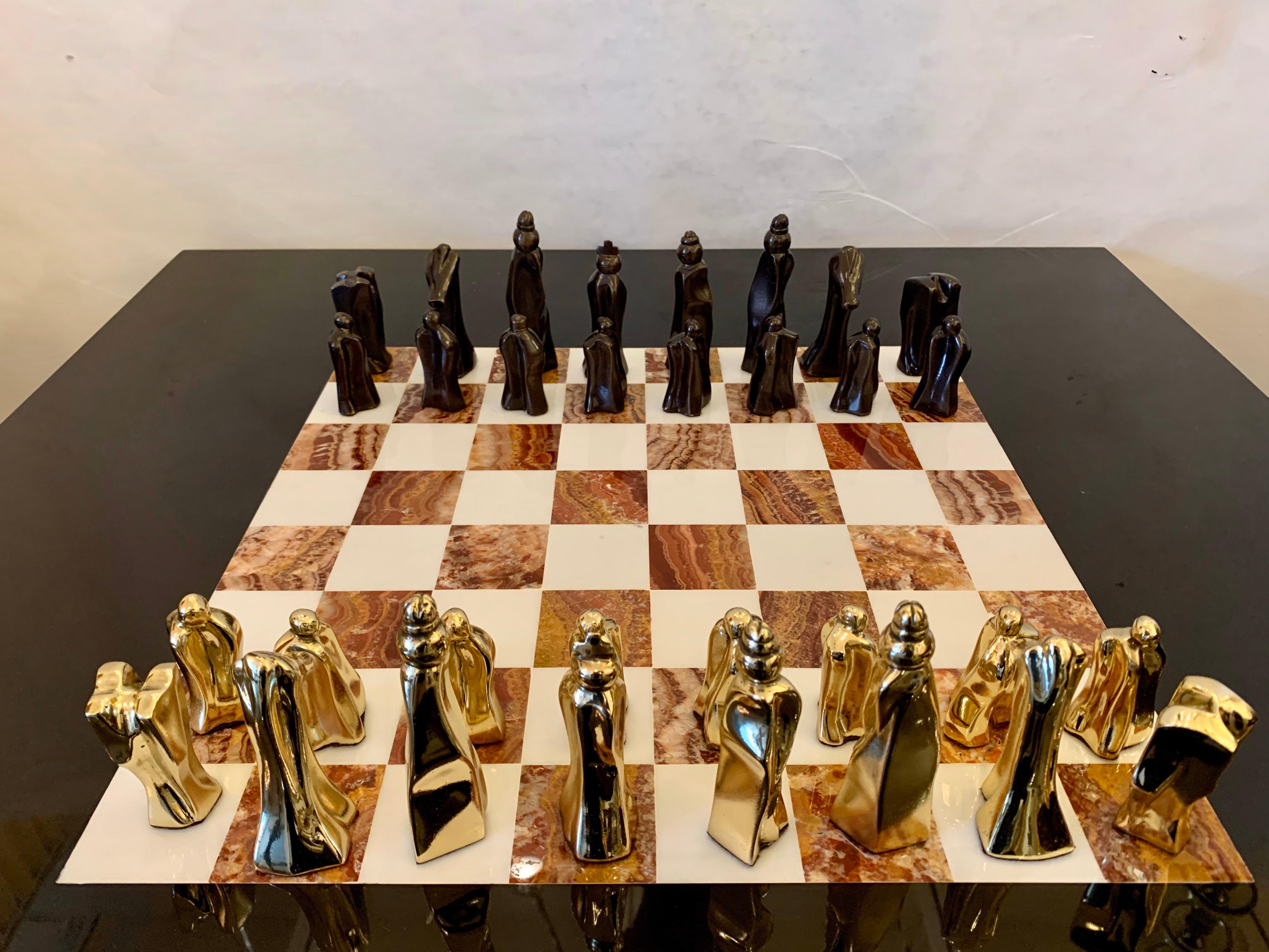 Important Abstract Bronze Chess Set on Belgian Marble and Brass Game Table In Good Condition For Sale In North Miami, FL