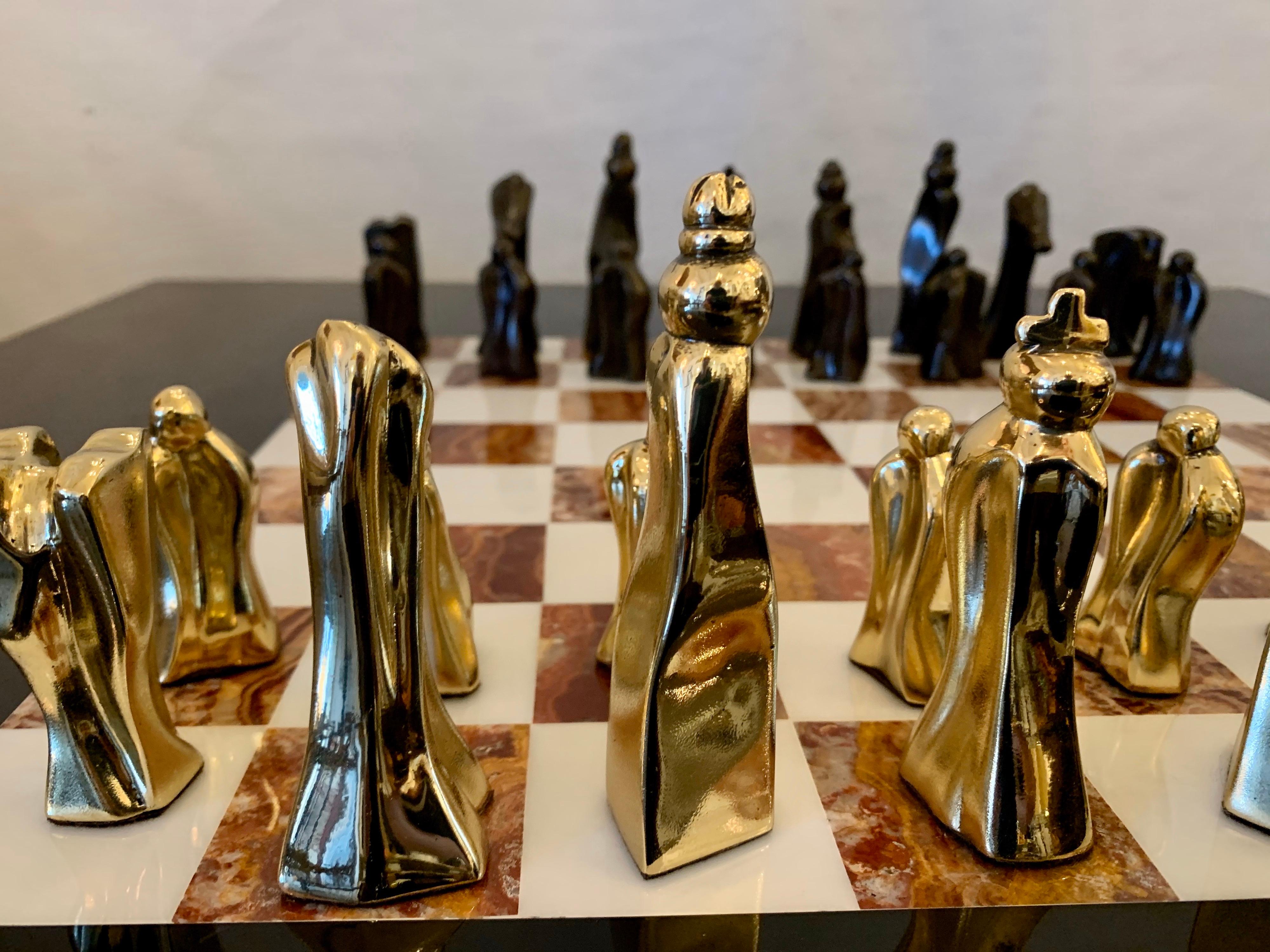 Mid-20th Century Important Abstract Bronze Chess Set on Belgian Marble and Brass Game Table For Sale