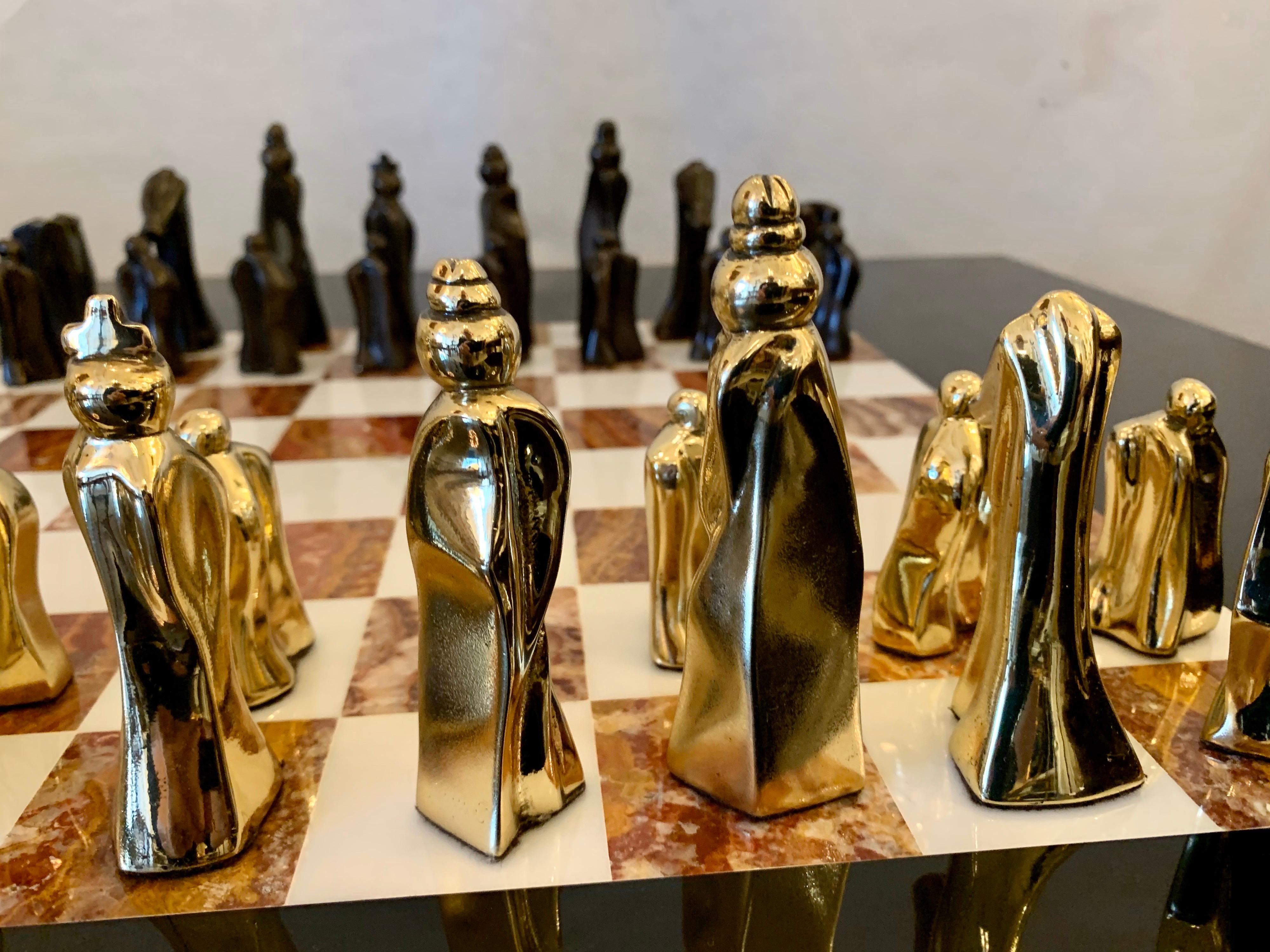Important Abstract Bronze Chess Set on Belgian Marble and Brass Game Table For Sale 1