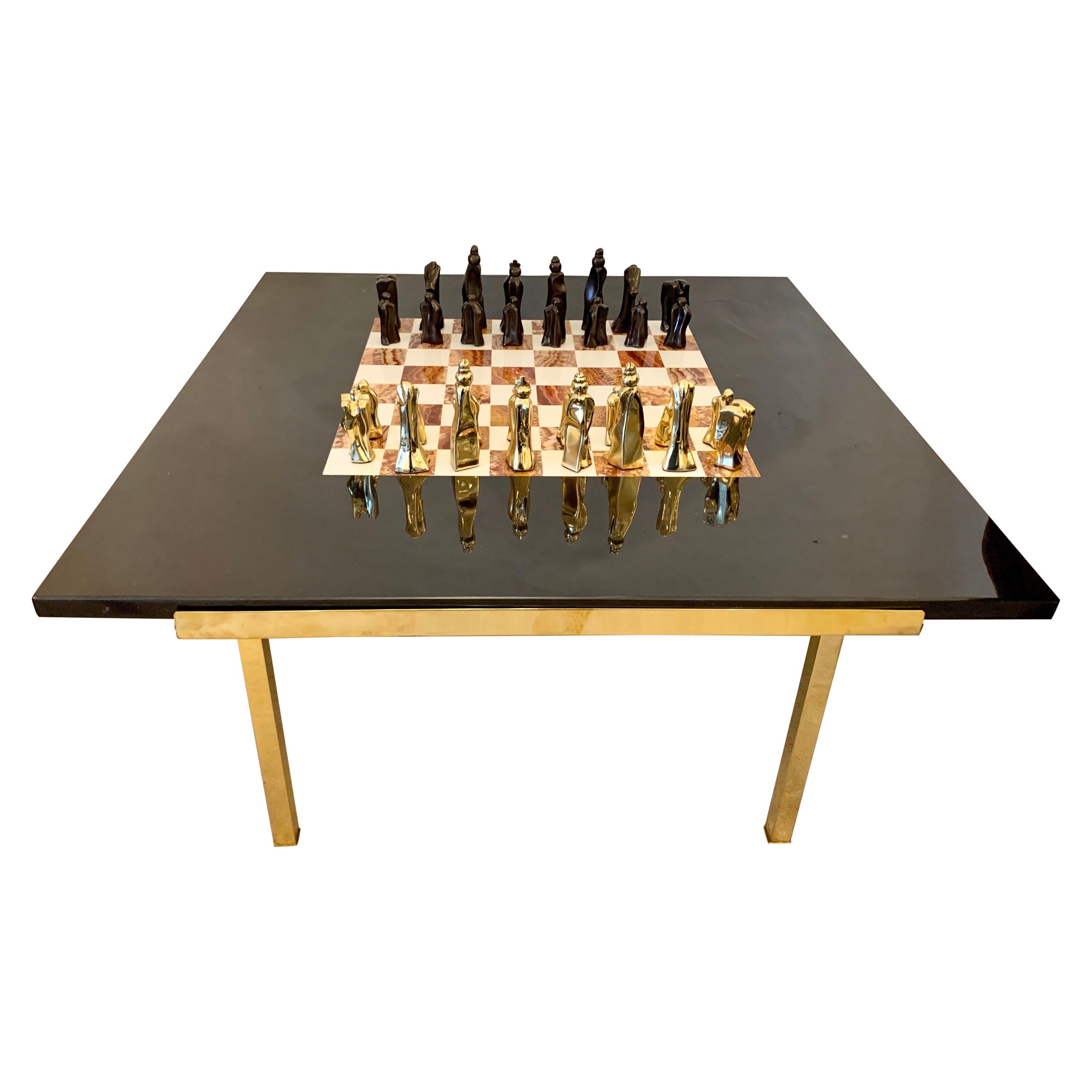Important Abstract Bronze Chess Set on Belgian Marble and Brass Game Table For Sale