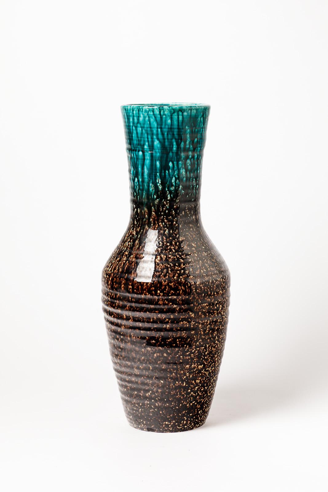 Mid-Century Modern Important Accolay Mid-20th Century Ceramic Vase Blue and Black For Sale