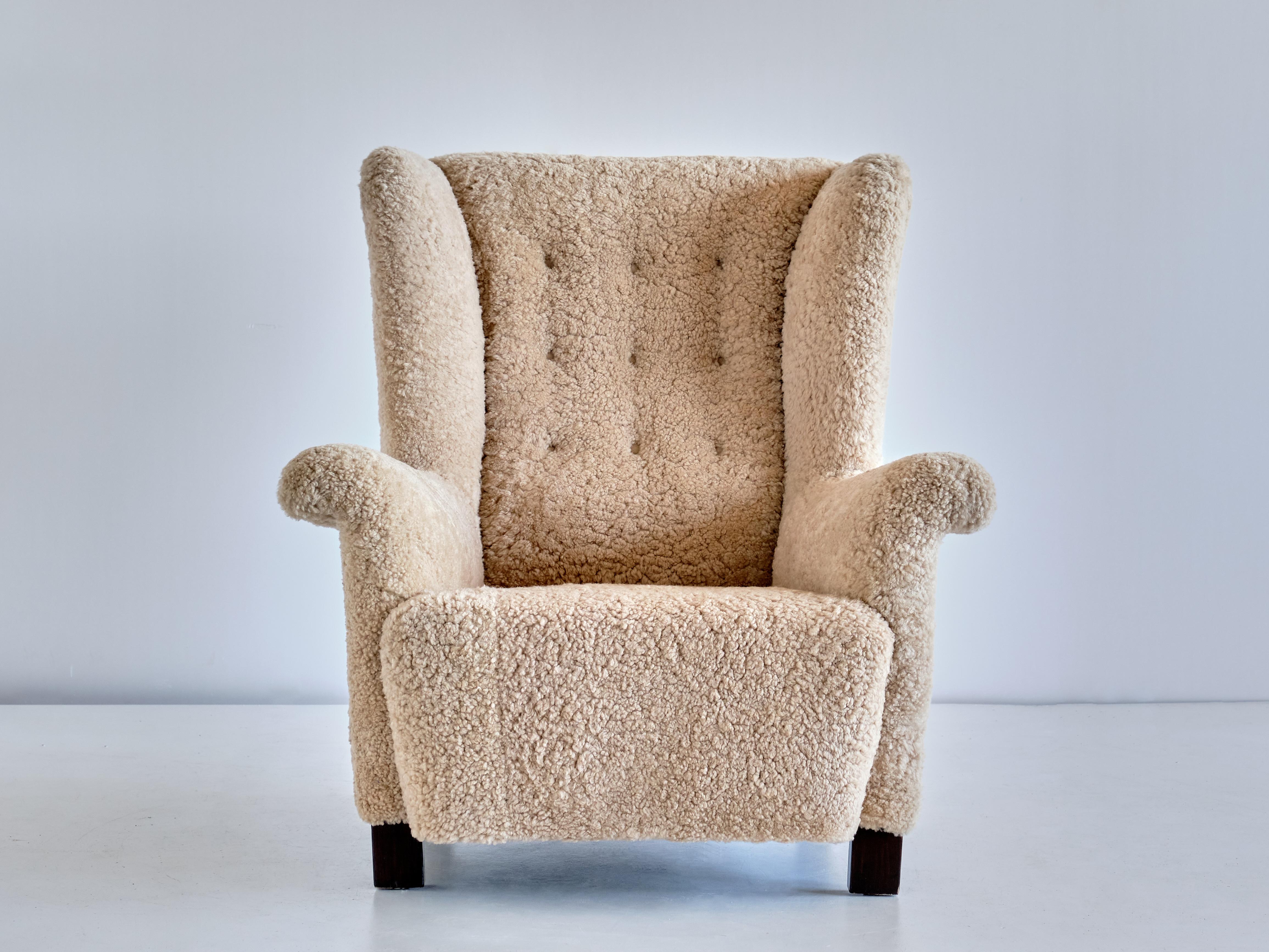 Scandinavian Modern Important Acton Bjørn Wingback Chair in Sheepskin, A.J. Iversen, Denmark, 1937 For Sale
