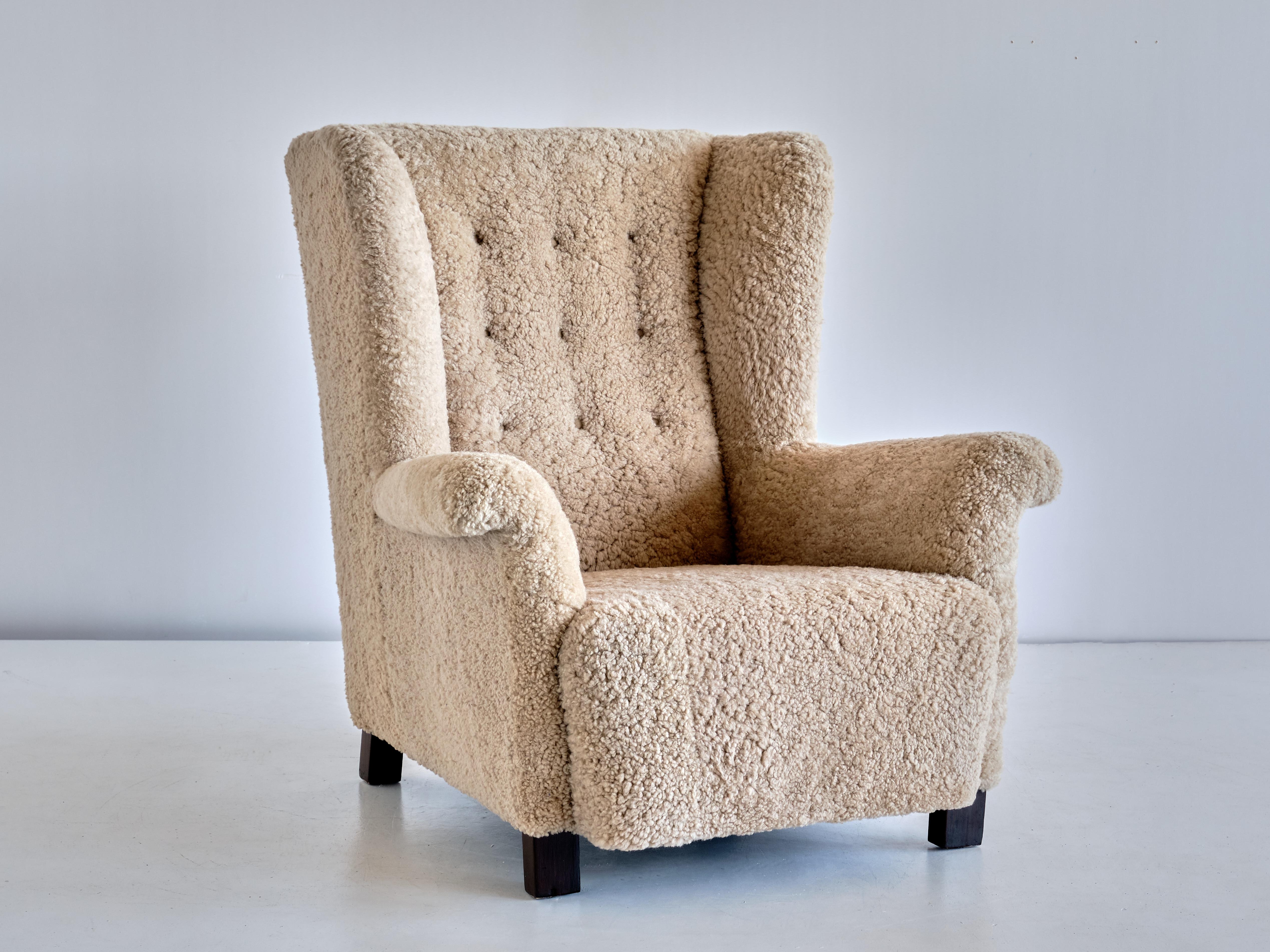 Danish Important Acton Bjørn Wingback Chair in Sheepskin, A.J. Iversen, Denmark, 1937 For Sale