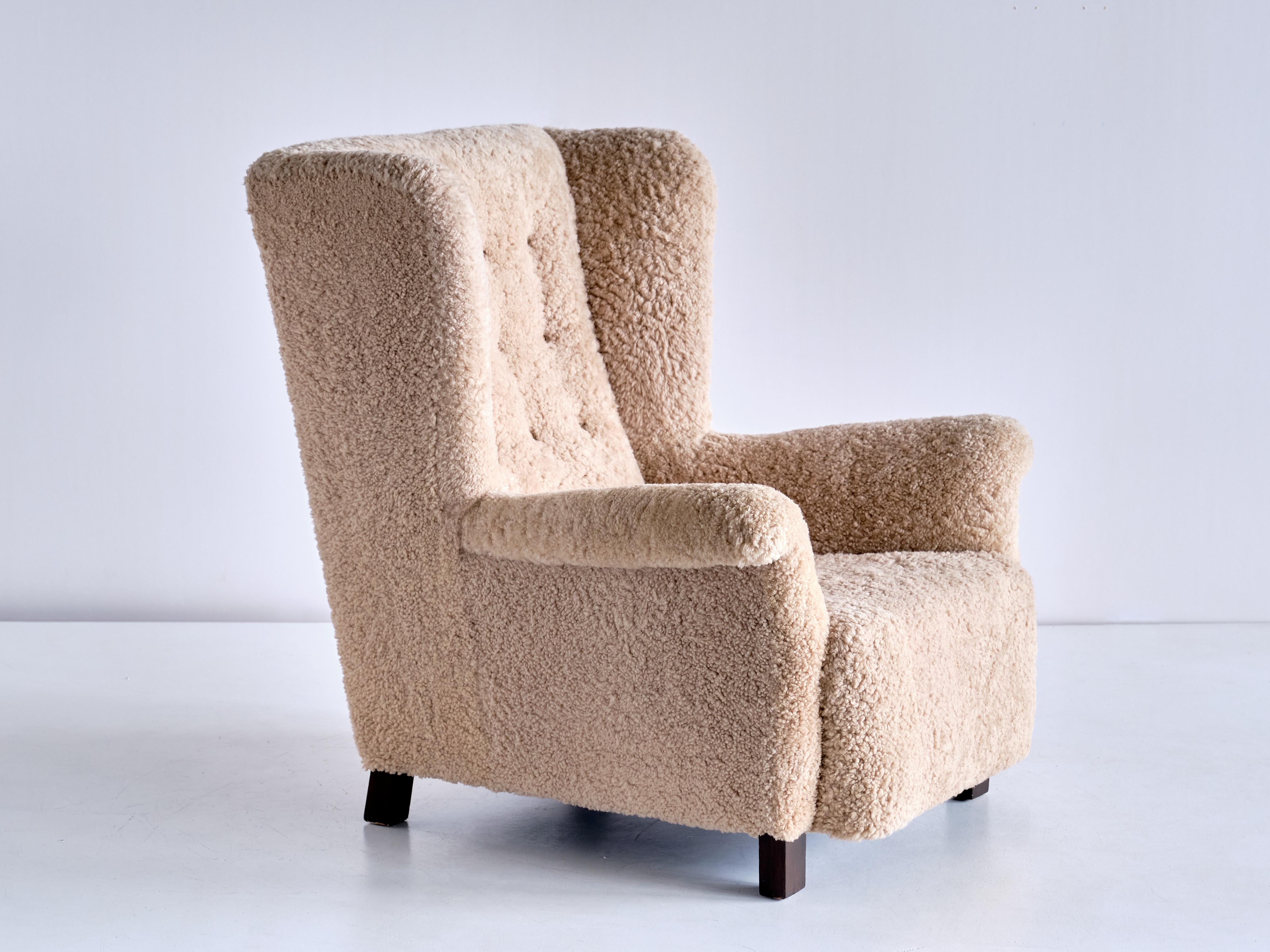 Beech Important Acton Bjørn Wingback Chair in Sheepskin, A.J. Iversen, Denmark, 1937 For Sale