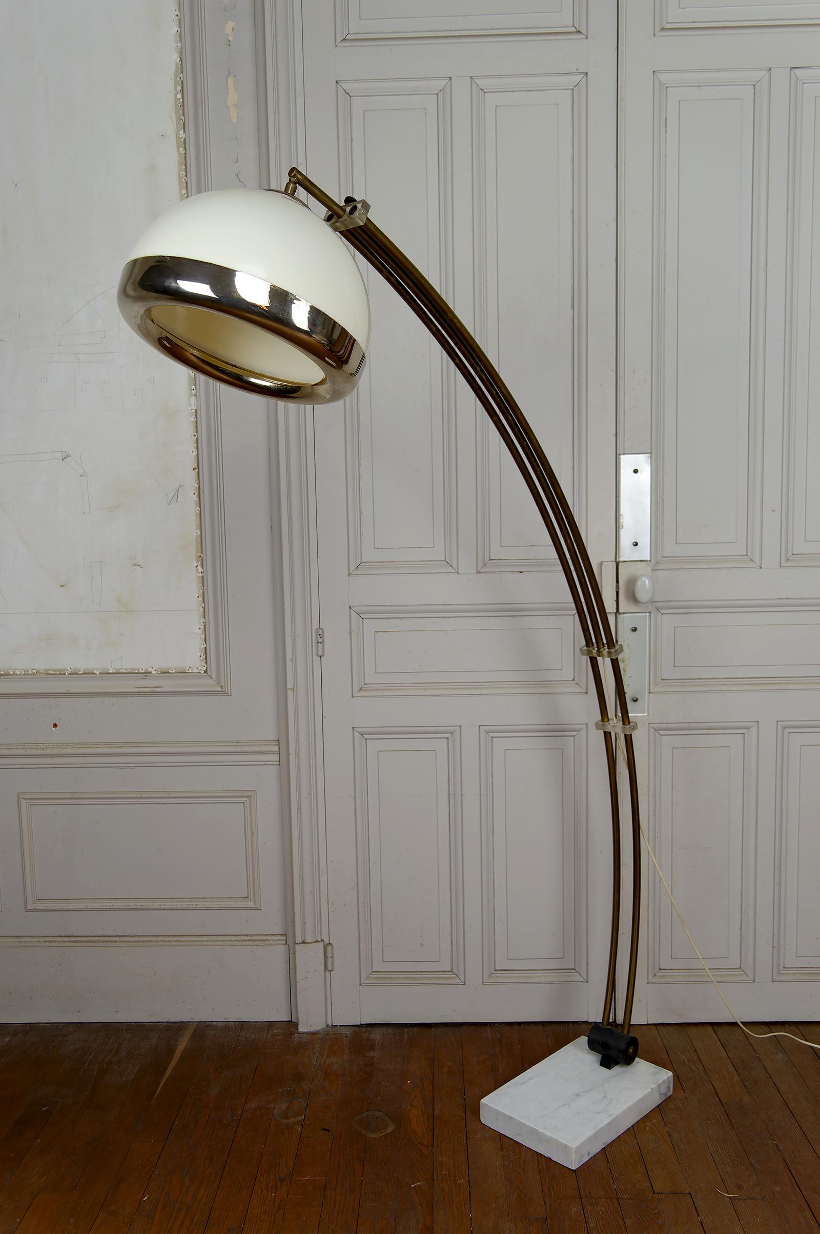 Mid-Century Modern Important Adjustable Arc Floor Lamp on Marble Base, Italy, Circa 1970 For Sale