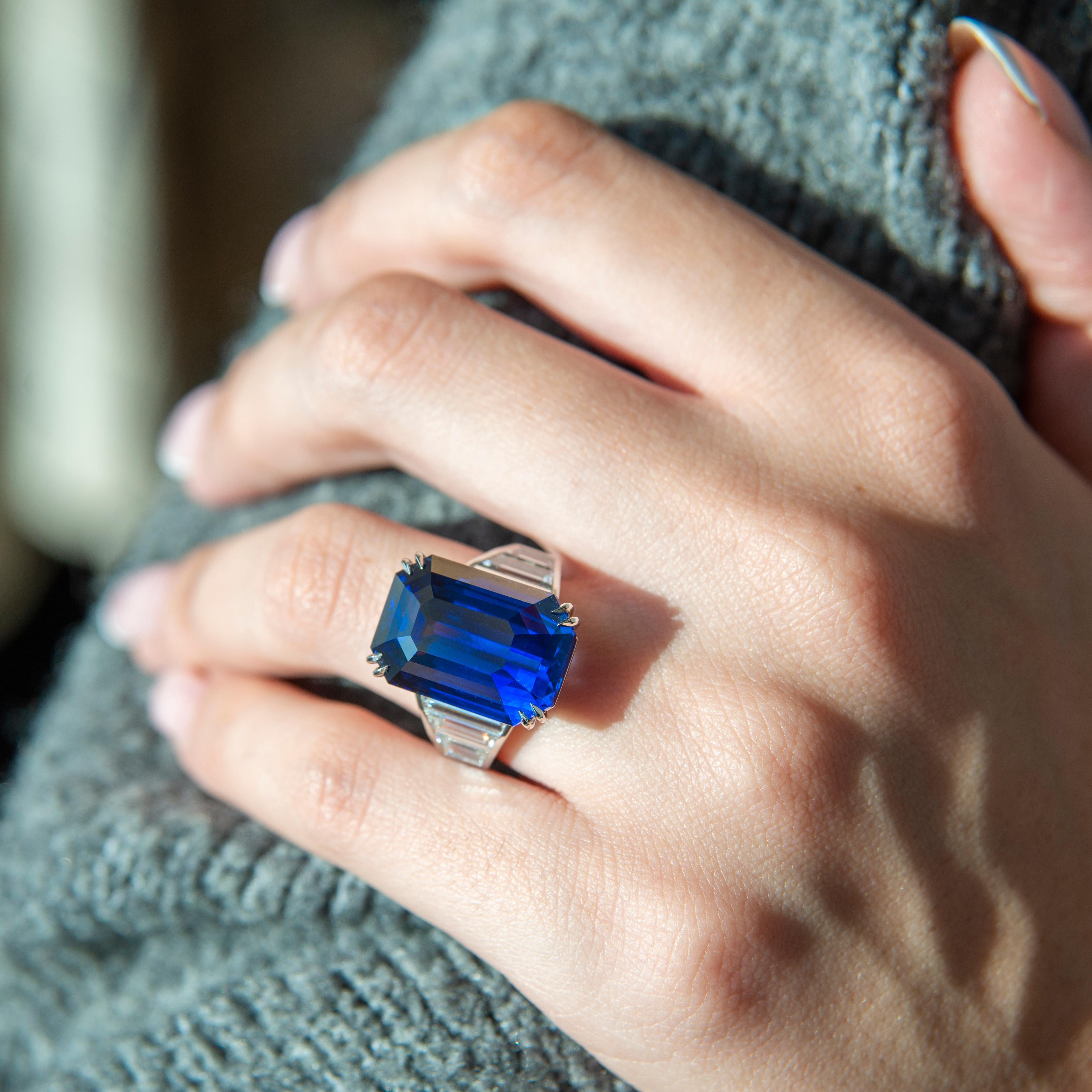 An exceptional emerald cut Ceylon sapphire, truly a gem quality royal blue stone. A sensational deep blue sapphire. High jewelry by Alexander Beverly Hills.
24.92 carats total gemstone weight. 
Emerald cut Sri Lankan sapphire, 22.37 carats, heat,