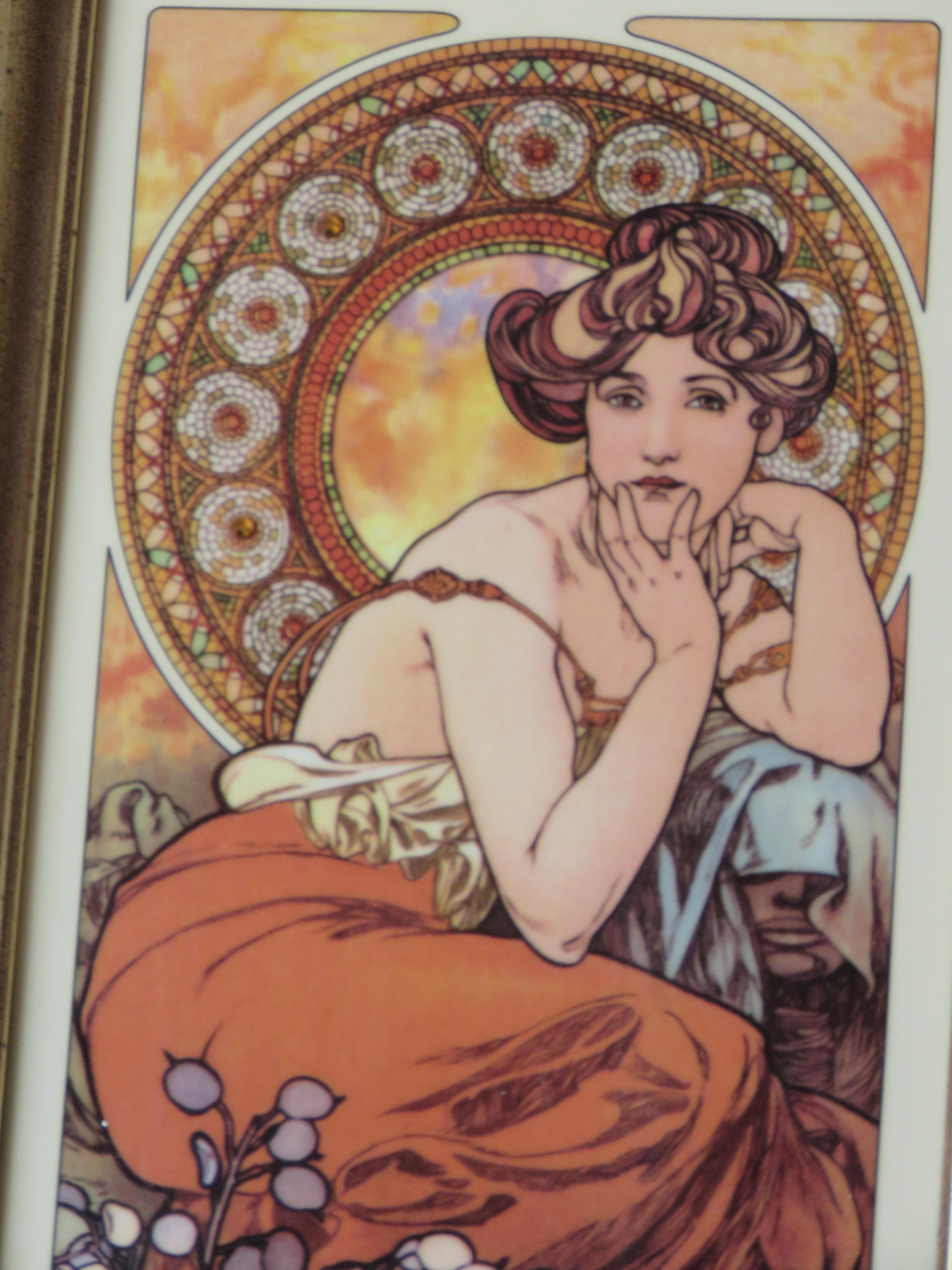 German Important Alphonse Mucha Four Seasons Amber Porcelain Plaque w Swarovski Crystal
