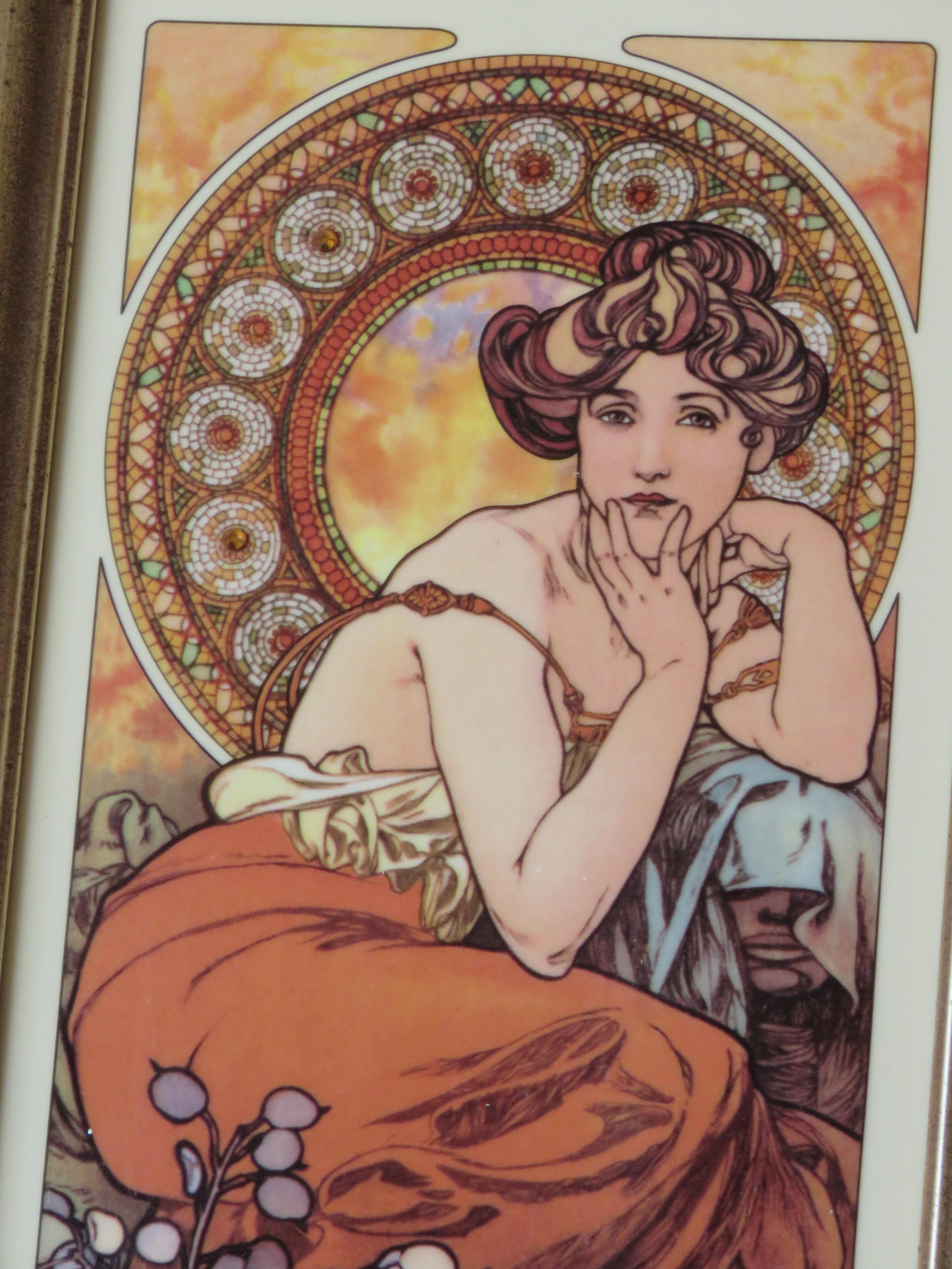 Important Alphonse Mucha Four Seasons Amber Porcelain Plaque w Swarovski Crystal In Good Condition In New York, NY