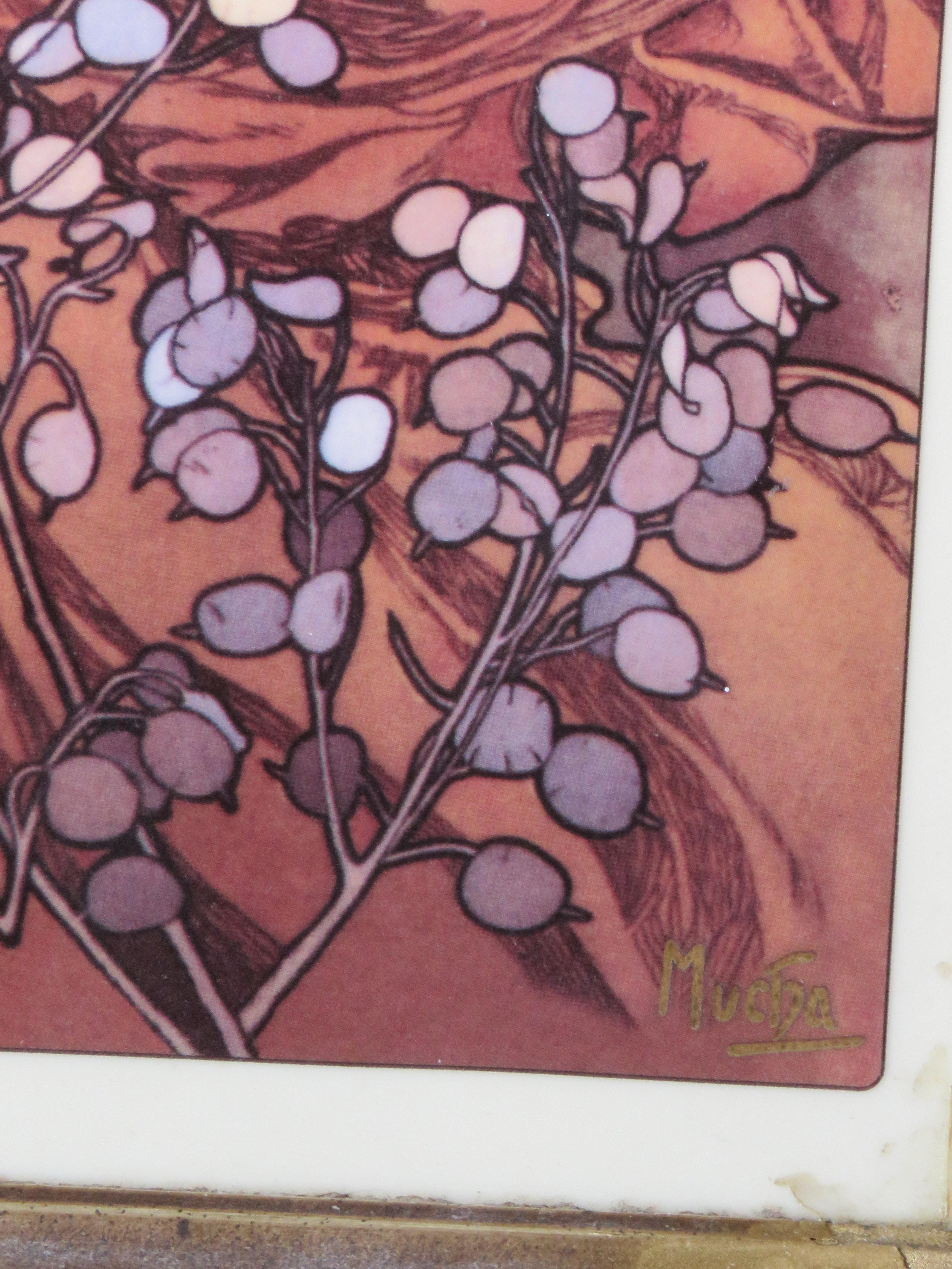 Paint Important Alphonse Mucha Four Seasons Amber Porcelain Plaque w Swarovski Crystal