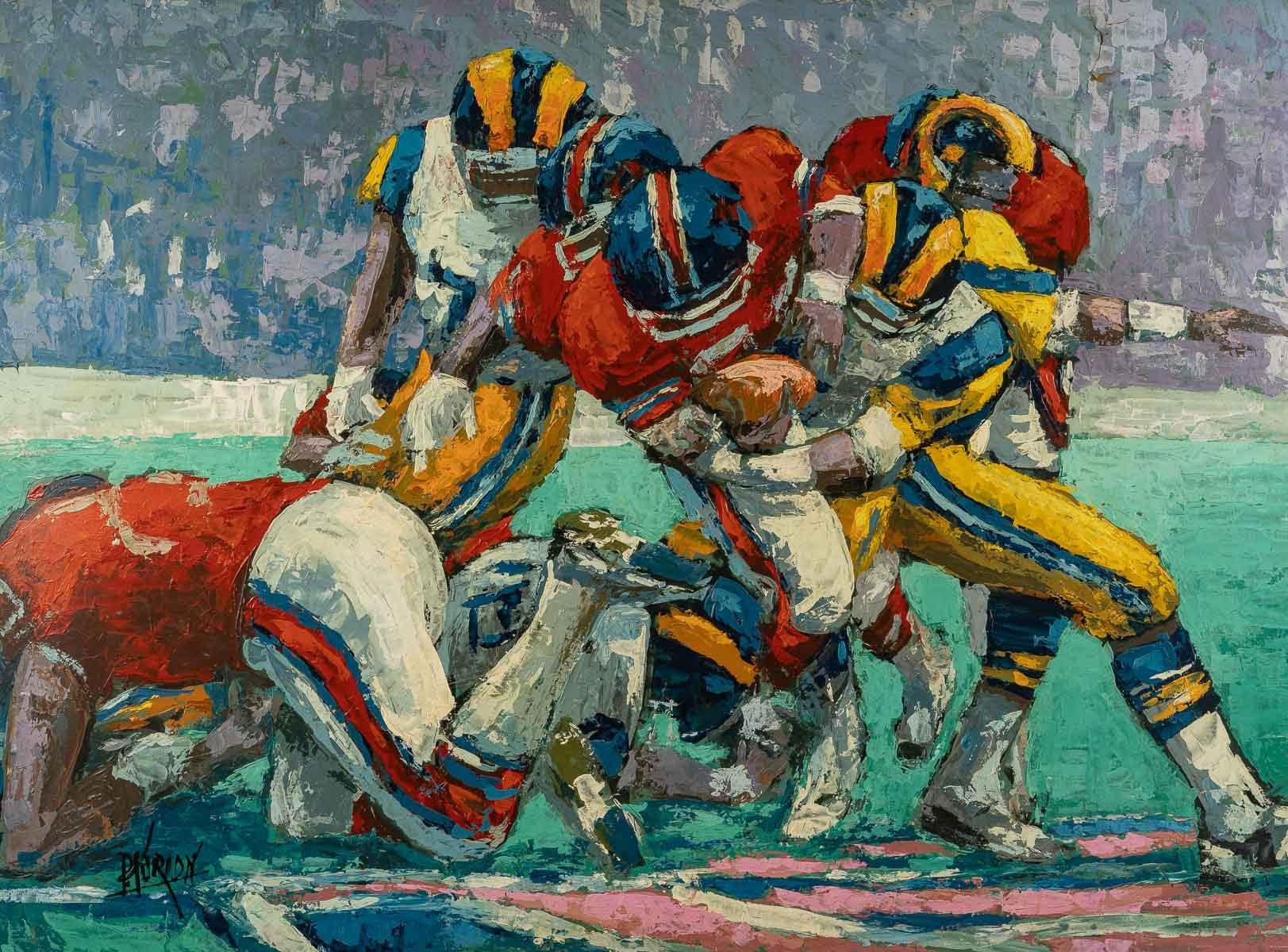 Important American Football painting, oil on isorel, 20th century.
Canvas - H: 95 cm, W: 130 cm, D: 3 cm
Frame - H: 108 cm, W: 141 cm, D: 3 cm.