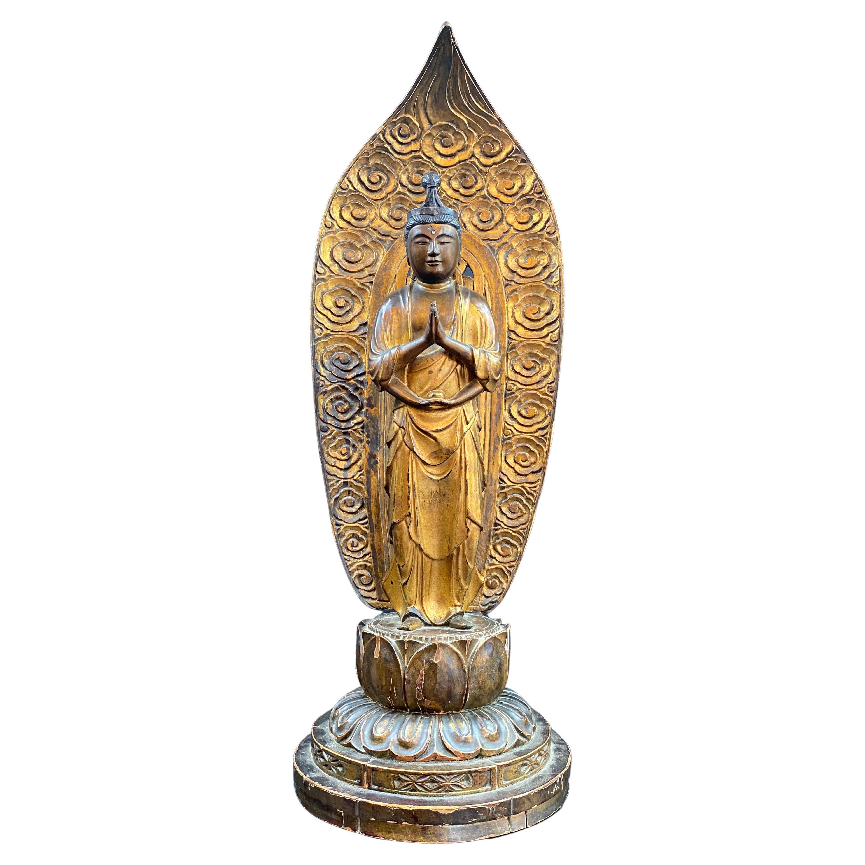 Important Amida Buddha - Kannon Bosatsu - Lacquered / Gilded Wood - Edo Period - For Sale