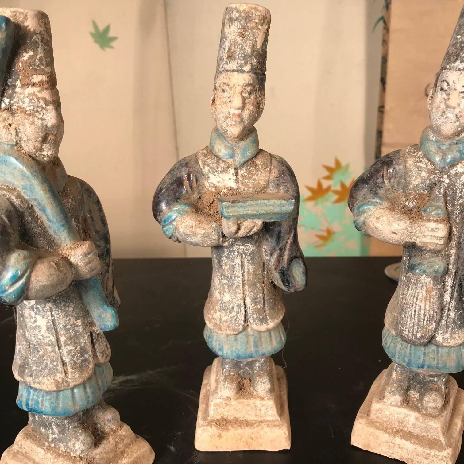 Ceramic Important Ancient Chinese Figural Group Three GARDENERS, Ming Dynasty, 1368-1644