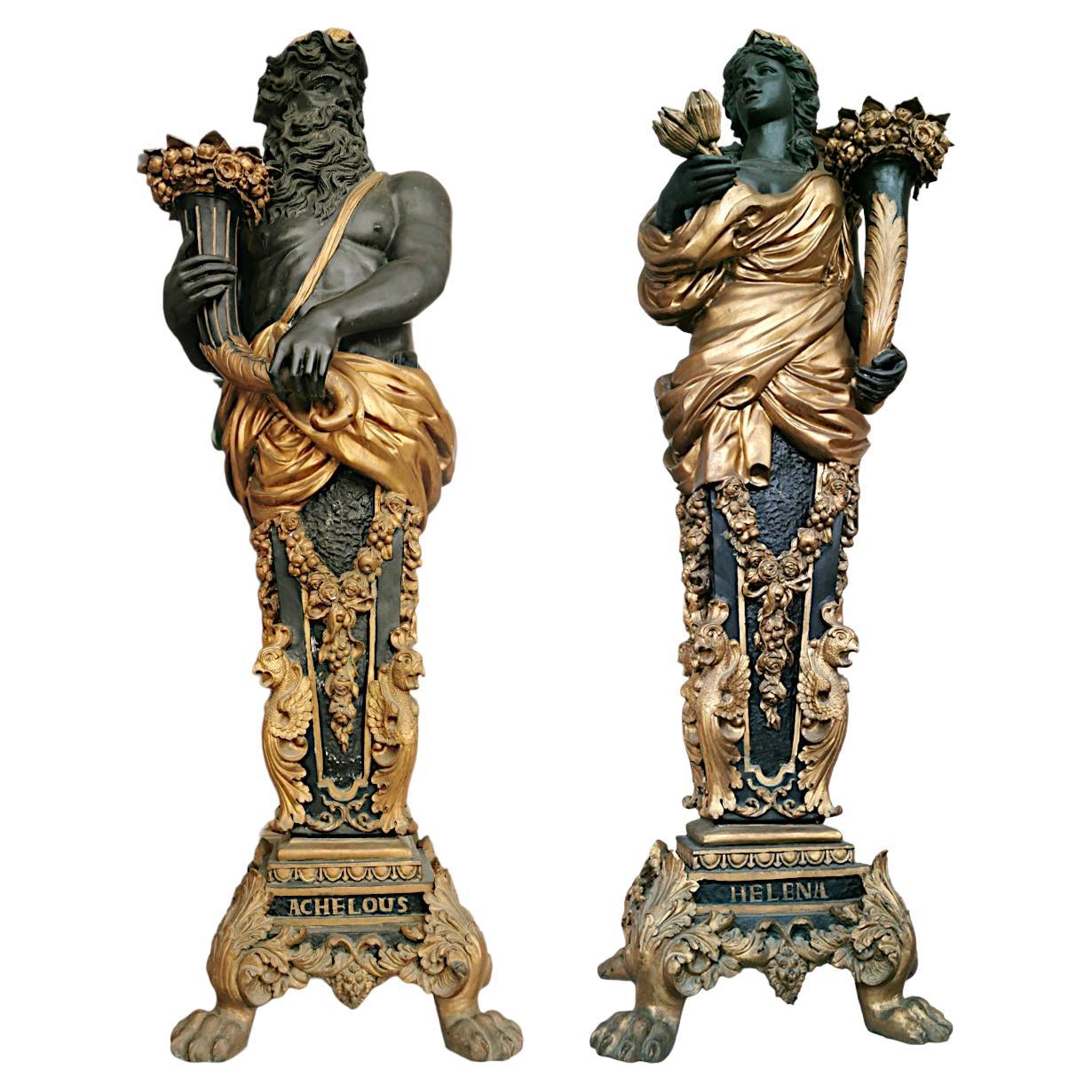 Important pair of sculptures depicting Achello and Helena (mythological famous figures) in bronze, made with the lost-wax technique, dating from the 19th century (second half of the 1800s but made in the Empire style).

Standing on a quadrangular