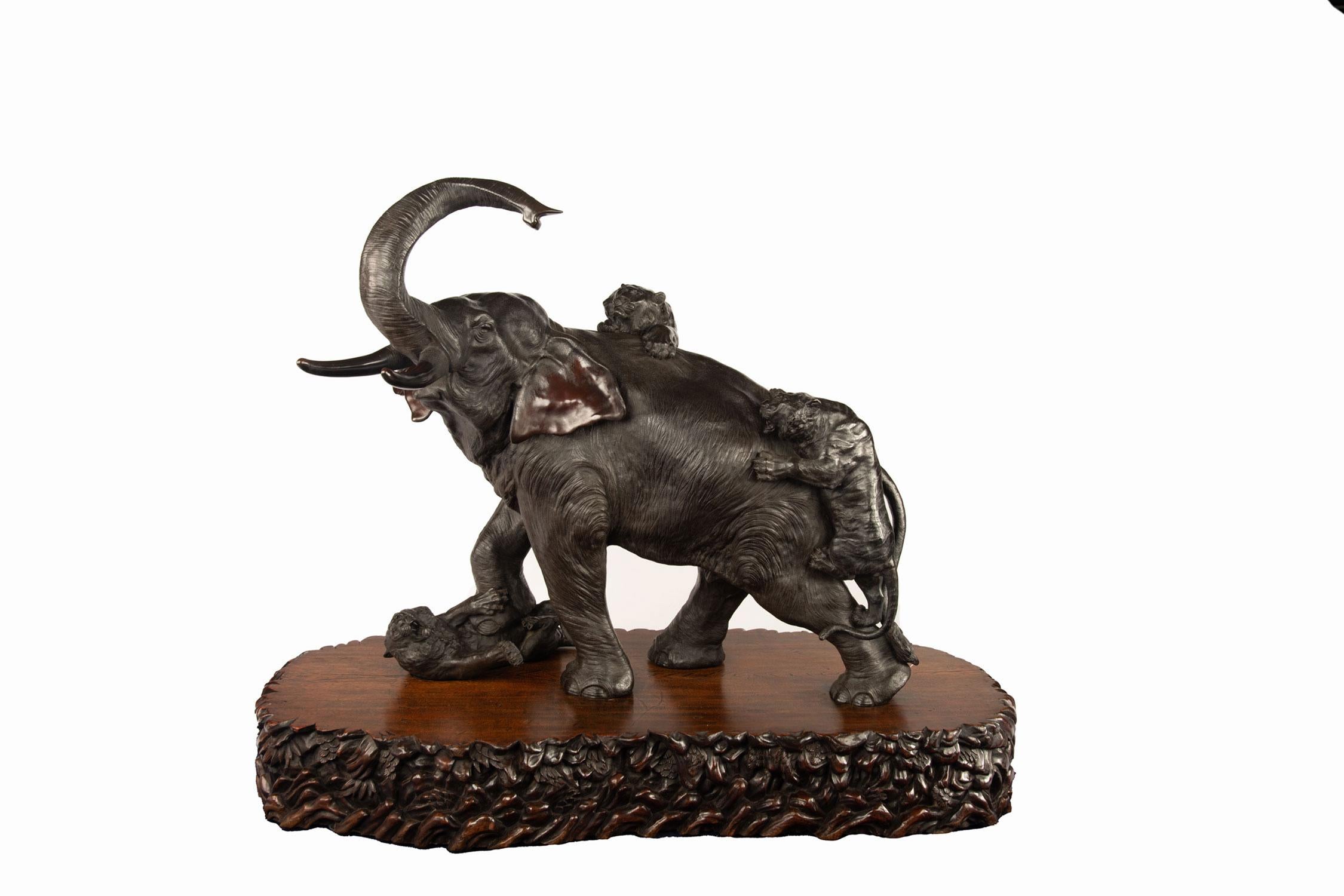 As part of our Japanese works of art collection we are delighted to offer this magnificent huge scale Meiji Period 1868-1912 bronze elephant and tiger group by the leading 19th century metalworker Sano Takachika. This monumental group has certainly