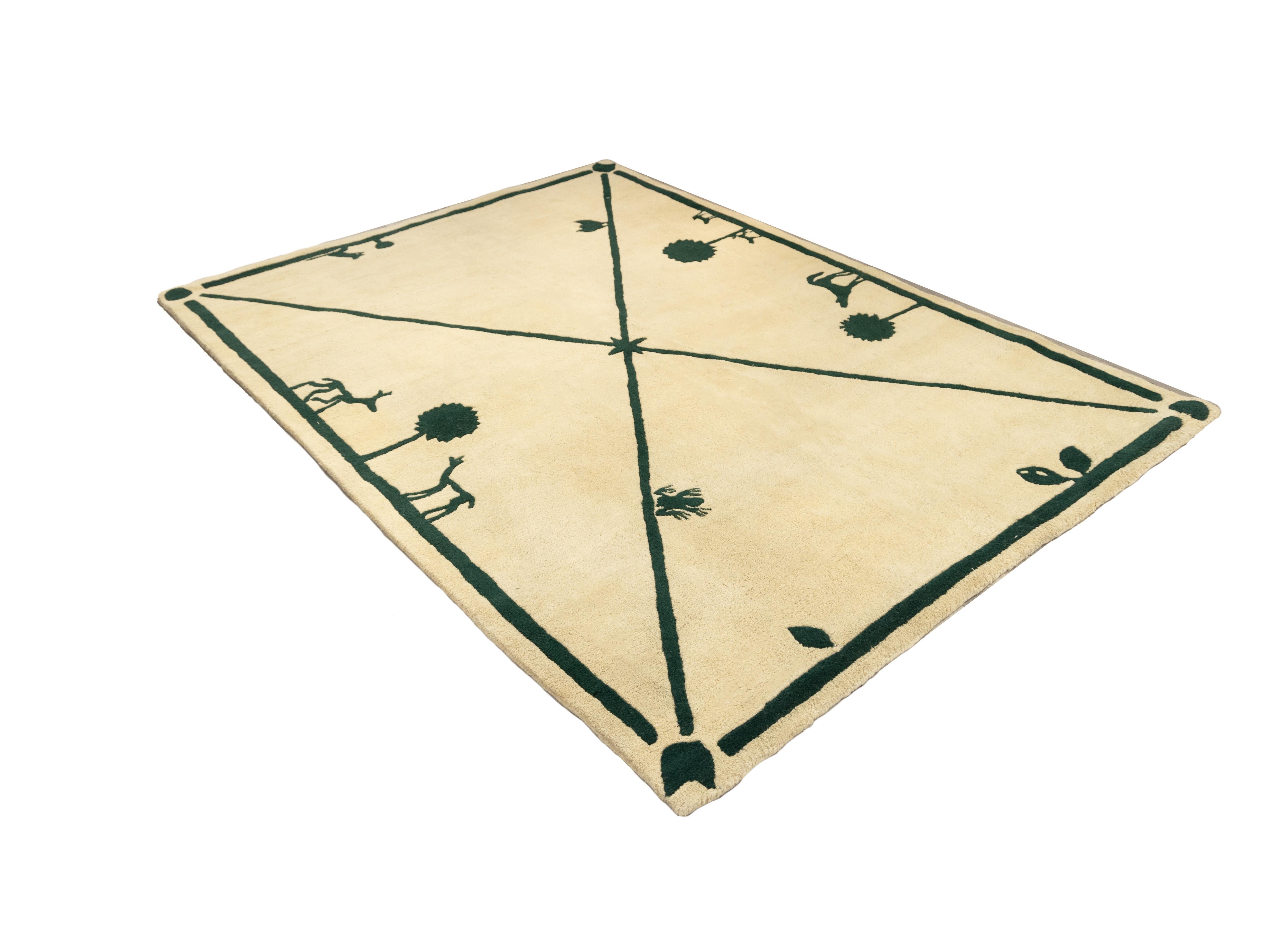 Non fa parte dell'edizione da 100 copie. 
Questo è il tappeto originale realizzato dall'artista per se stesso.
 Nel 1984, Diego Giacometti creò i tappeti La Rencontre e La Promenade des amis. Lo scultore traspone il suo universo poetico nella lana