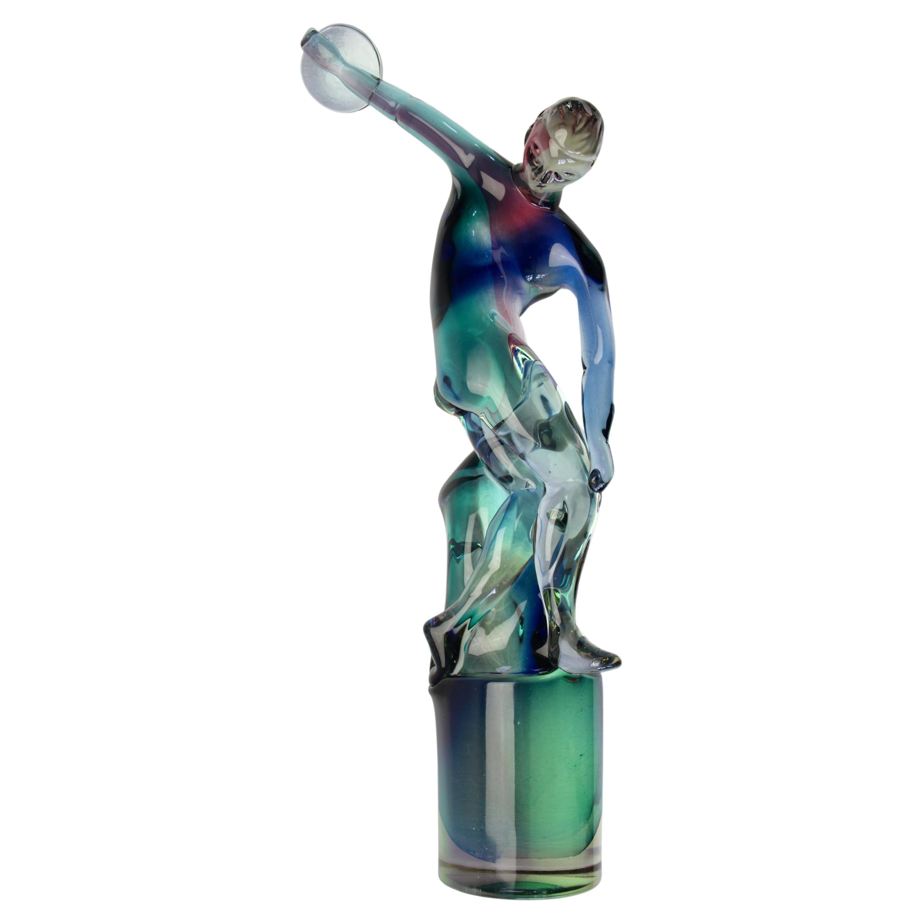 Stunning, rare and important vintage midcentury centrepiece multi-coloured blue, green, pink, lilac and ultramarine glass discus thrower sculpture 