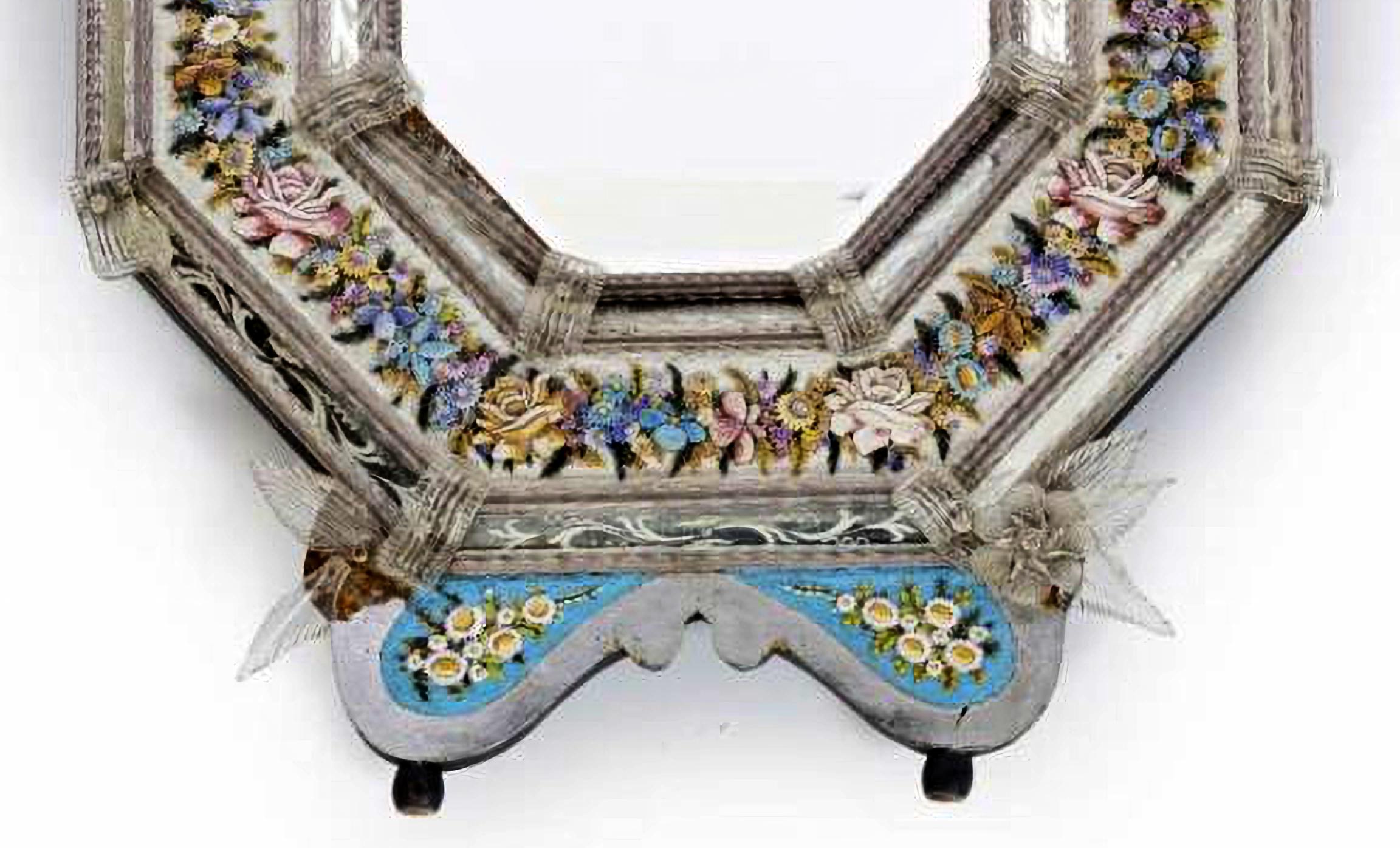 IMPORTANT AND RARE ITALIAN MIRROR WITH MICROMOSAIC 19th Century

Blown glass, Venetian, late 19th century. 
Attributed to 'Salviati & C'. 
Decoration with flowers, oval plaque with a view of Venice. 
Faults and defects. 
Dim: 128 x 83 cm
good