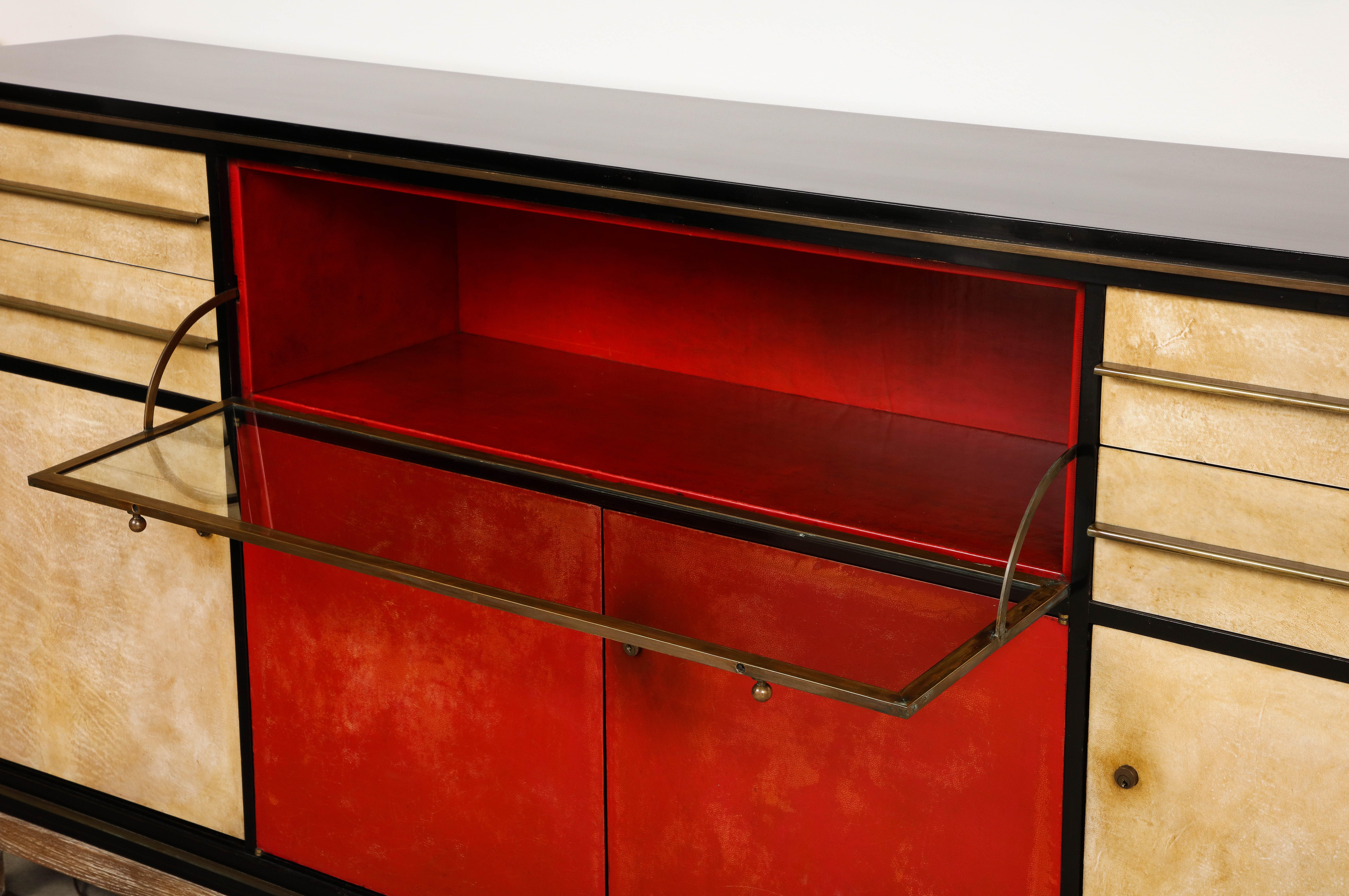 Important and Rare Red Goatskin with Ebonized Wood Credenza by Paul Dupré-Lafon For Sale 2