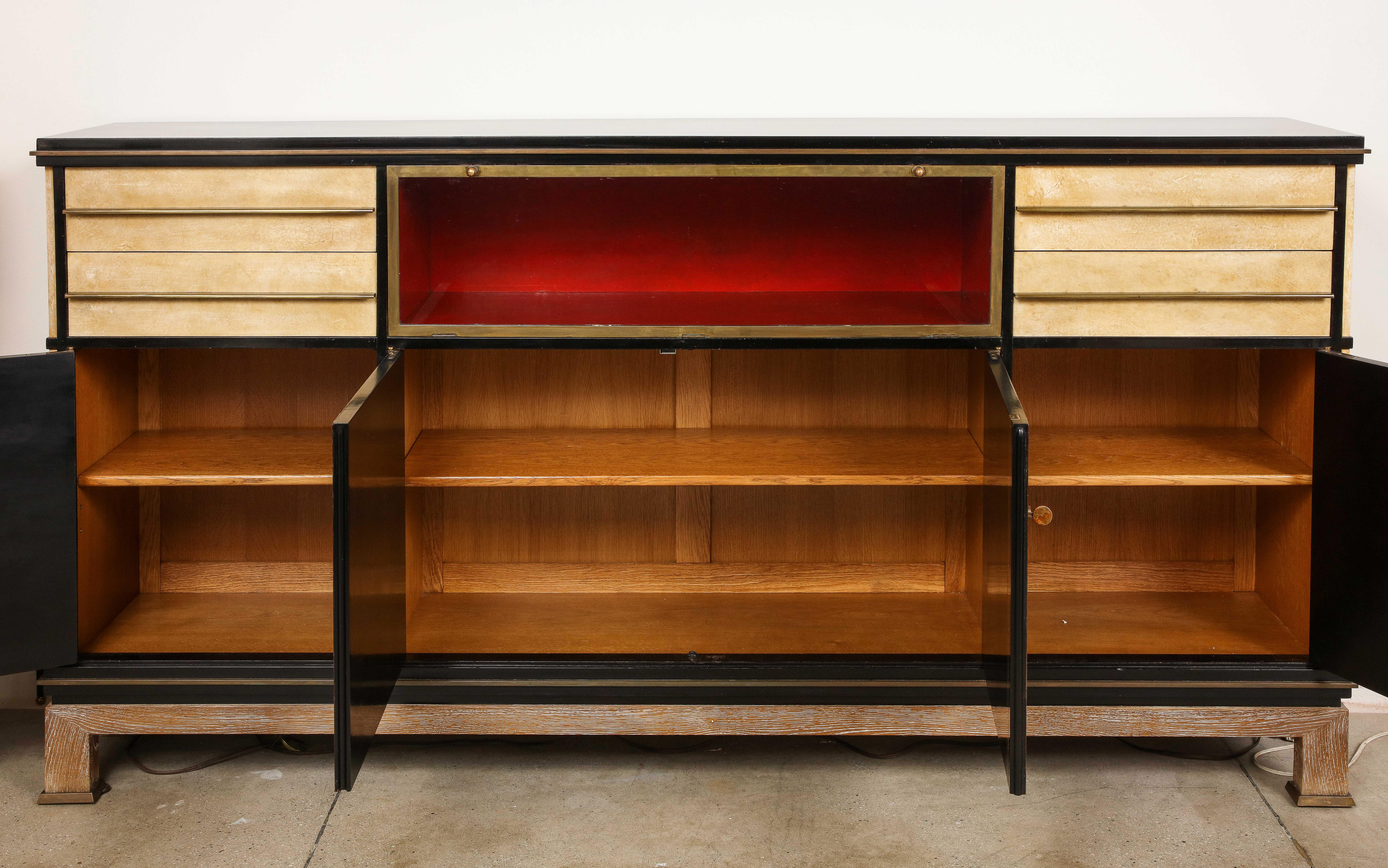 French Important and Rare Red Goatskin with Ebonized Wood Credenza by Paul Dupré-Lafon For Sale