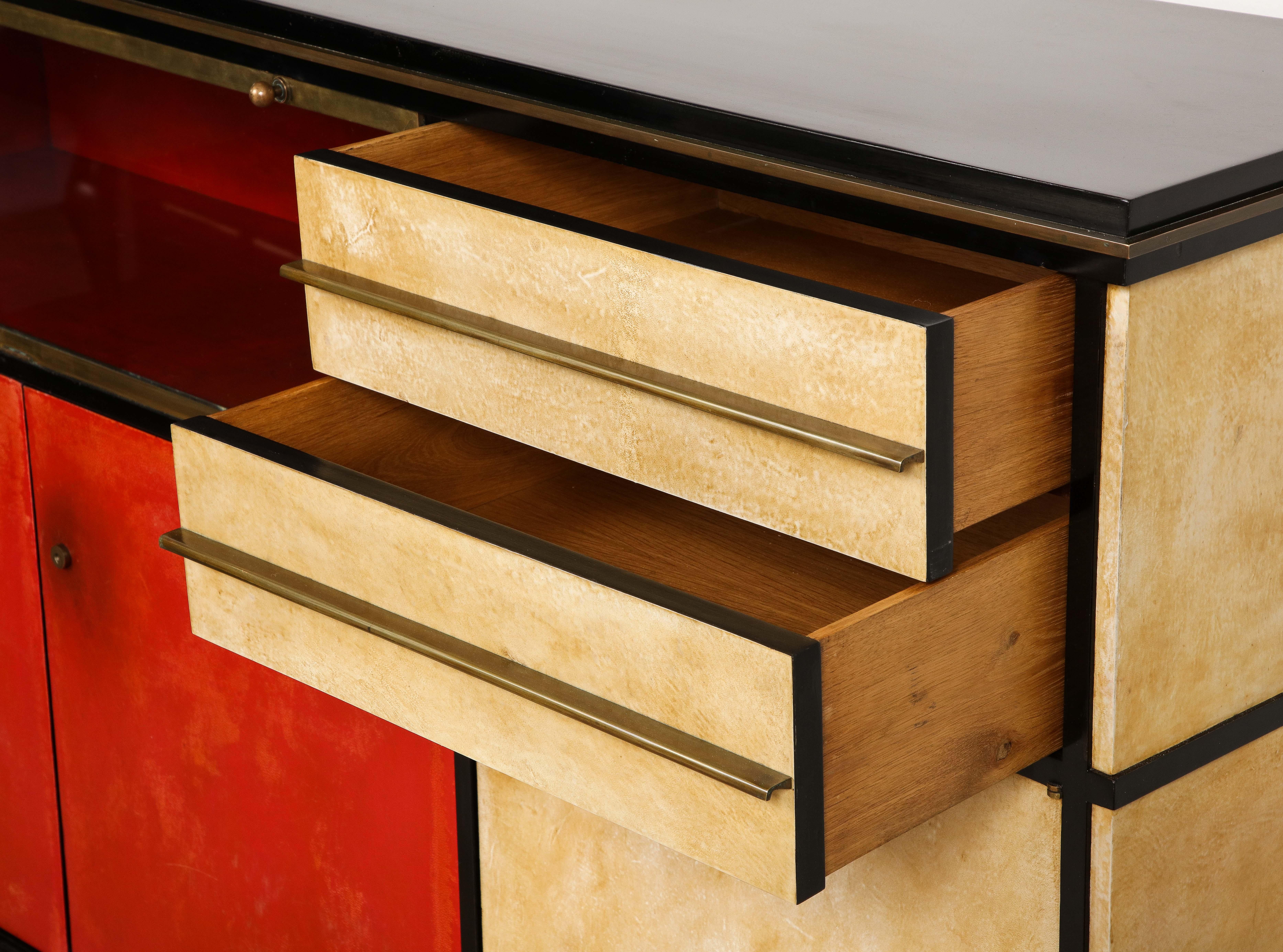 French Important and Rare Red Goatskin with Ebonized Wood Credenza by Paul Dupré-Lafon For Sale