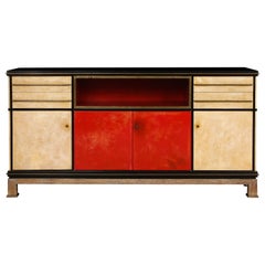 Importante y Rara Credenza de Piel de Cabra Roja con Madera Ebonizada de Paul Dupre-Lafon