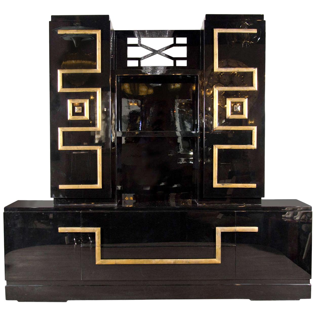 Mid Century Modern Custom Cabinet in Black Lacquer and Gilt Signed by James Mont