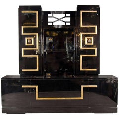 Retro Mid Century Modern Custom Cabinet in Black Lacquer and Gilt Signed by James Mont