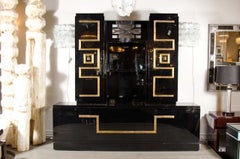 Mid Century Modern Custom Cabinet in Black Lacquer and Gilt Signed by James Mont