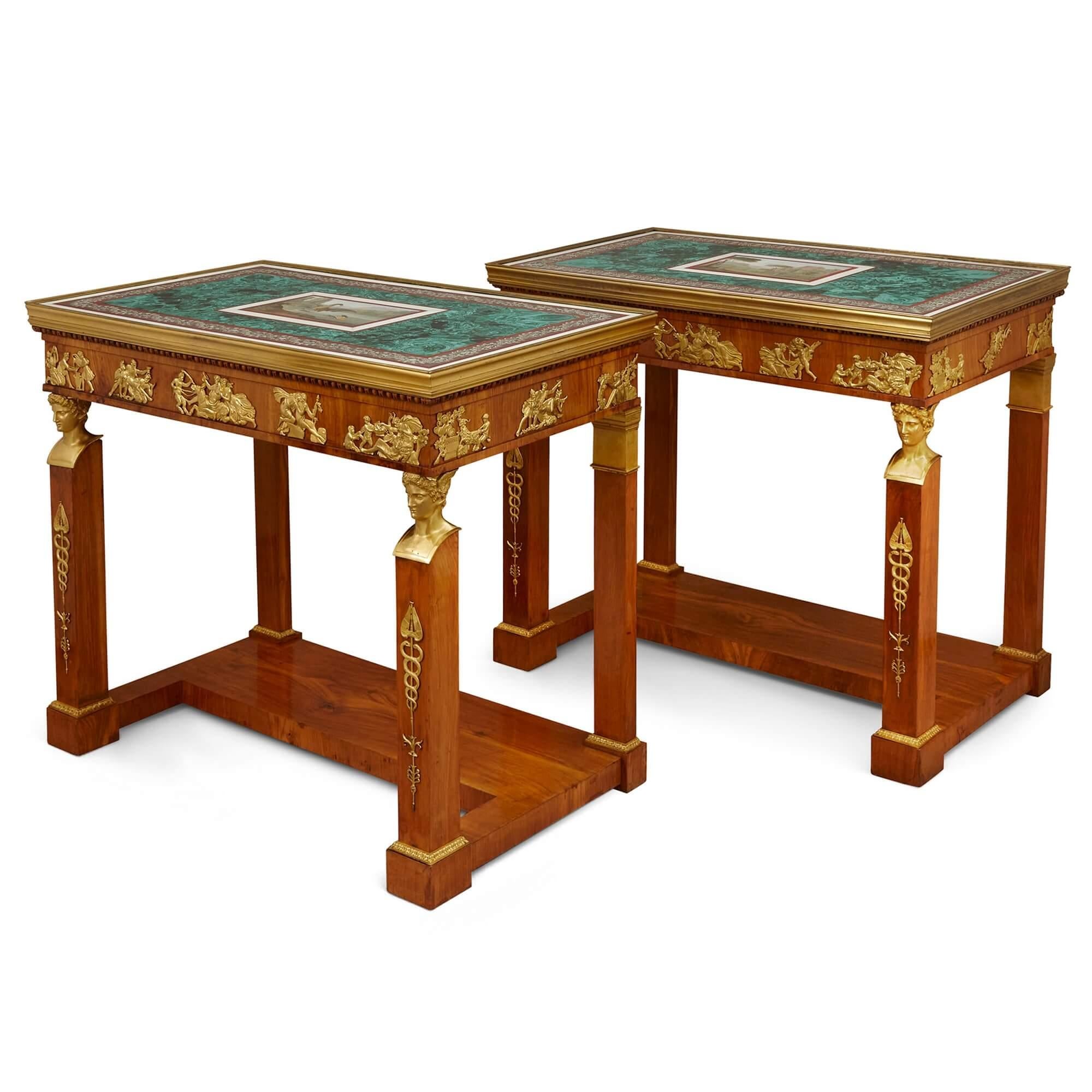 Important and very rare pair of micromosaic, malachite and walnut console tables
Italian & Russian, early 19th century
Measures: Height 89cm, width 106.5cm, depth 62cm

These exceptionally beautiful antique console tables in walnut, malachite,