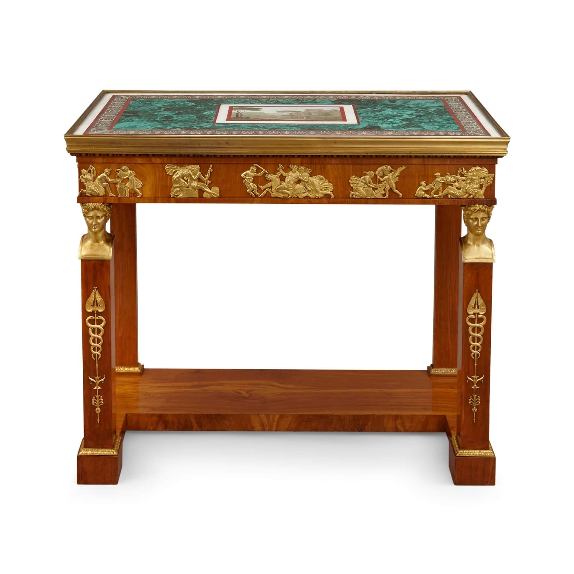 Italian Important and Very Rare Pair of Micromosaic, Malachite and Walnut Console Tables For Sale