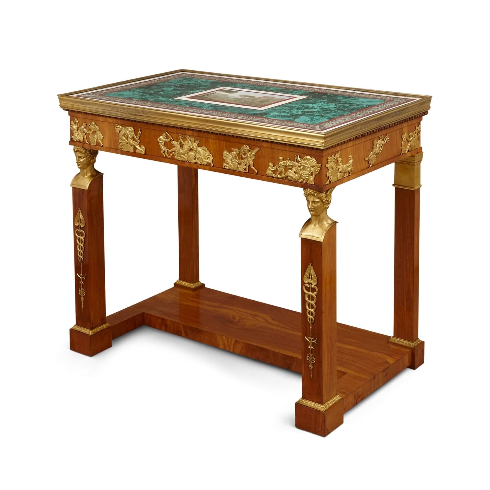 Mosaïque Importante et très rare paire de tables console en micromosaïque, malachite et noyer en vente