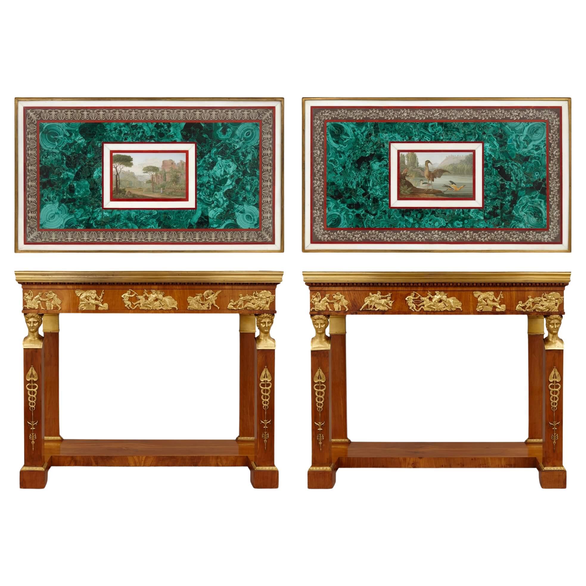 Important and Very Rare Pair of Micromosaic, Malachite and Walnut Console Tables For Sale
